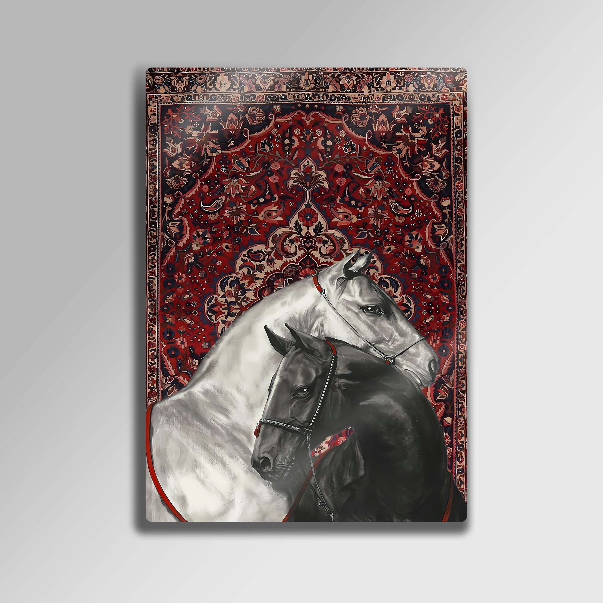 Beyaz ve Siyah At Tablosu Halı Desenli - Metal Tablo