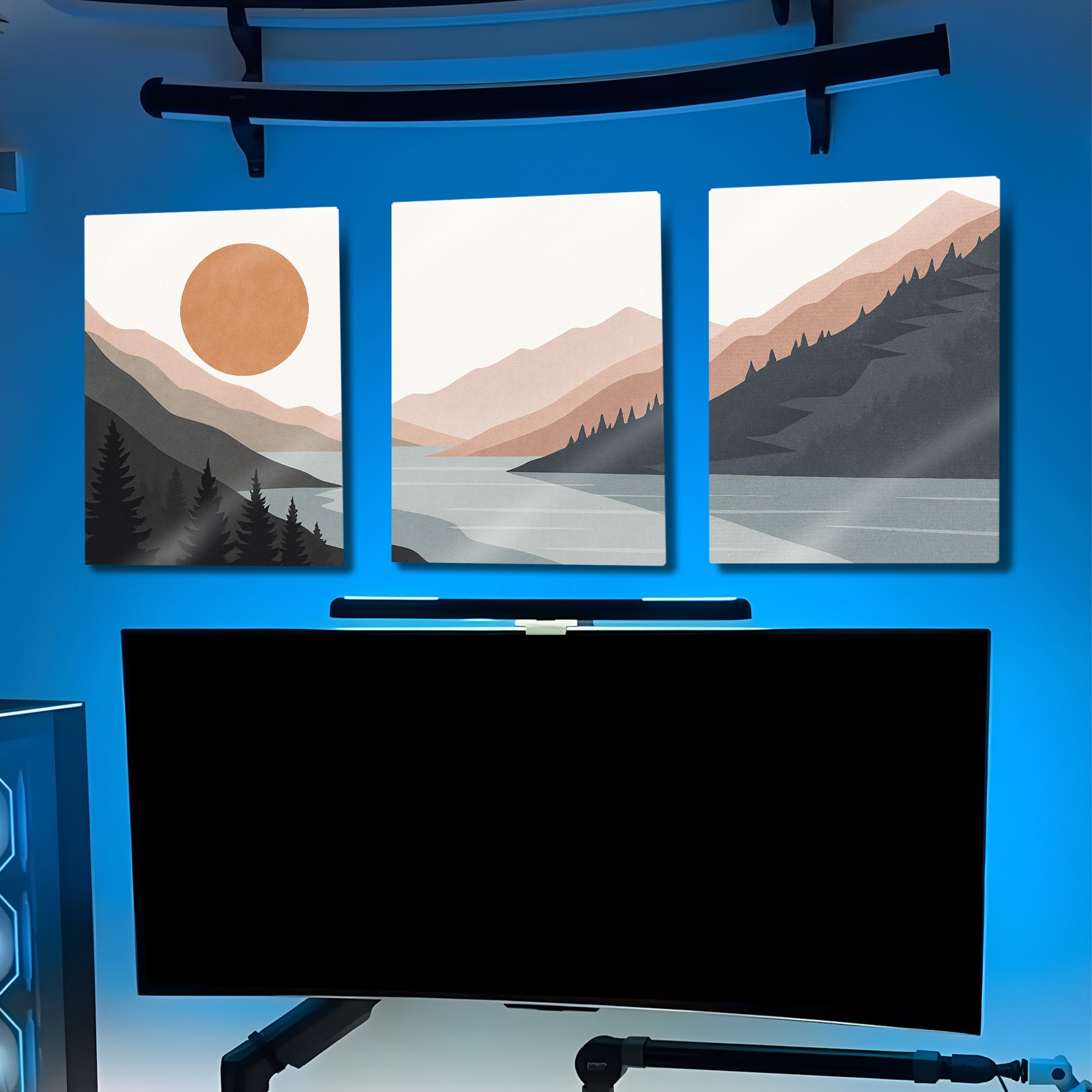 Minimalist Dağ ve Göl Manzarası 3 Parça Metal Tablo – Modern Setup Dekoru