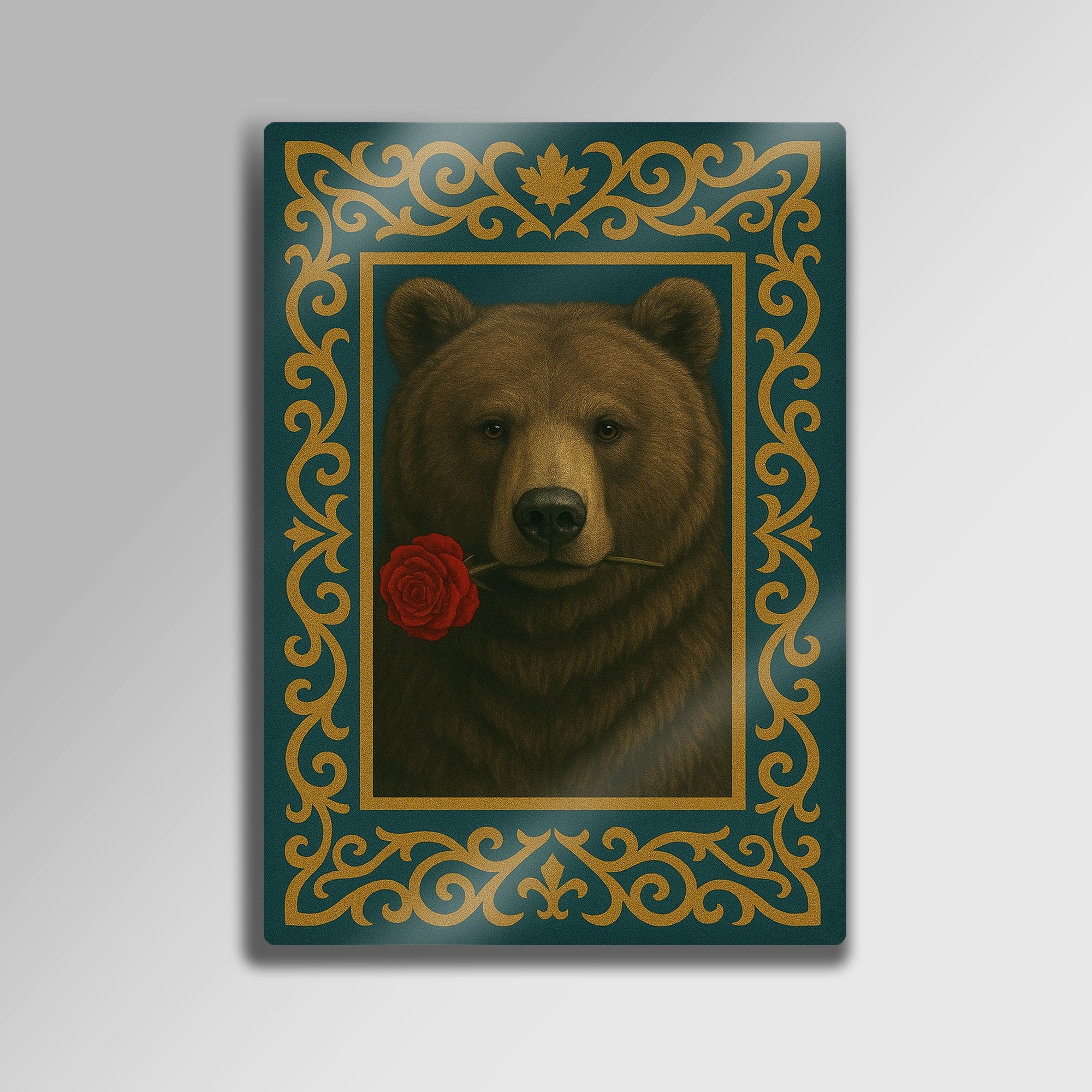 Ayı Gül Tutan Çerçeveli Dekoratif - Metal Tablo