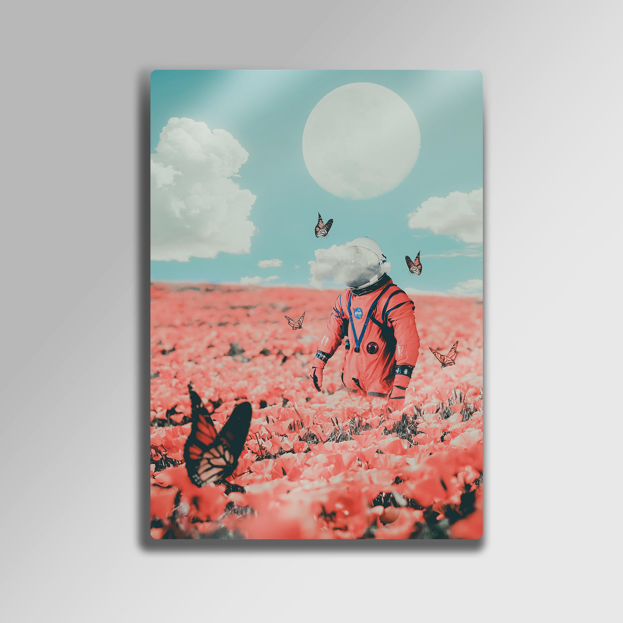 Astronot Tablosu Çiçekler ve Kelebekler - Metal Tablo