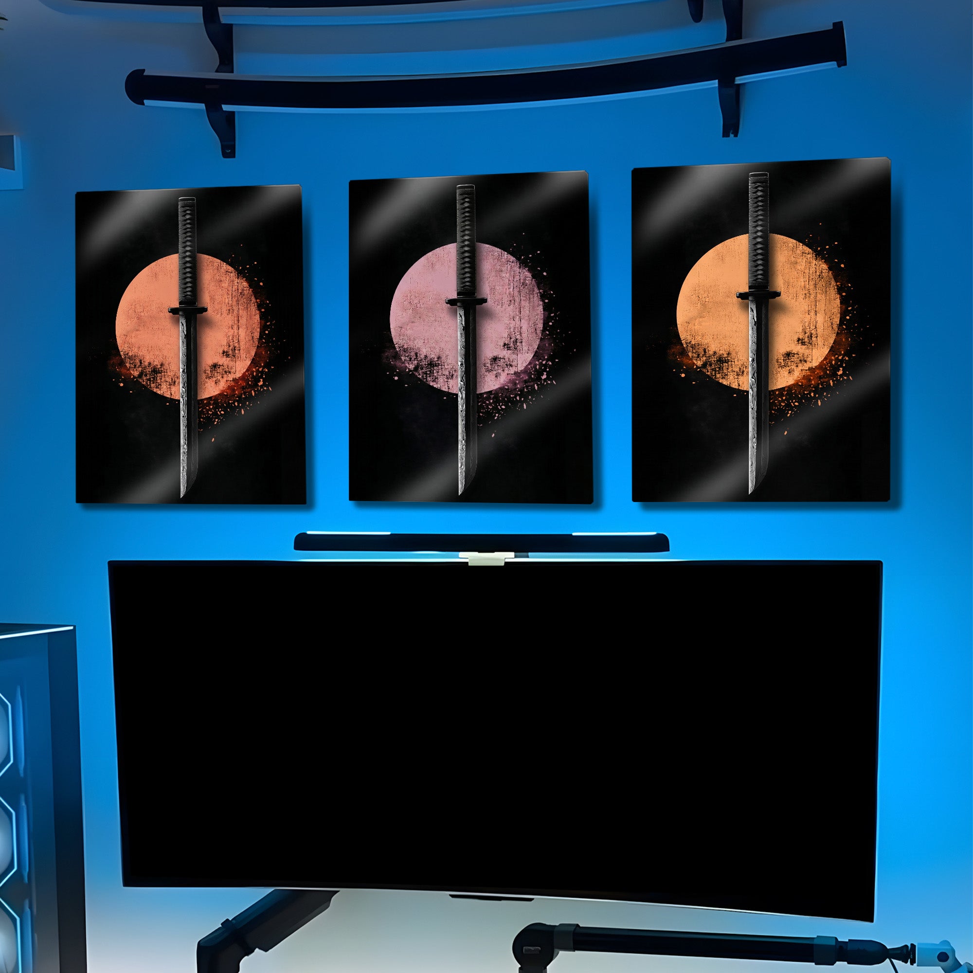 Katana ve Renkli Güneş 3 Parça Metal Tablo – Minimalist Japon Setup Dekoru