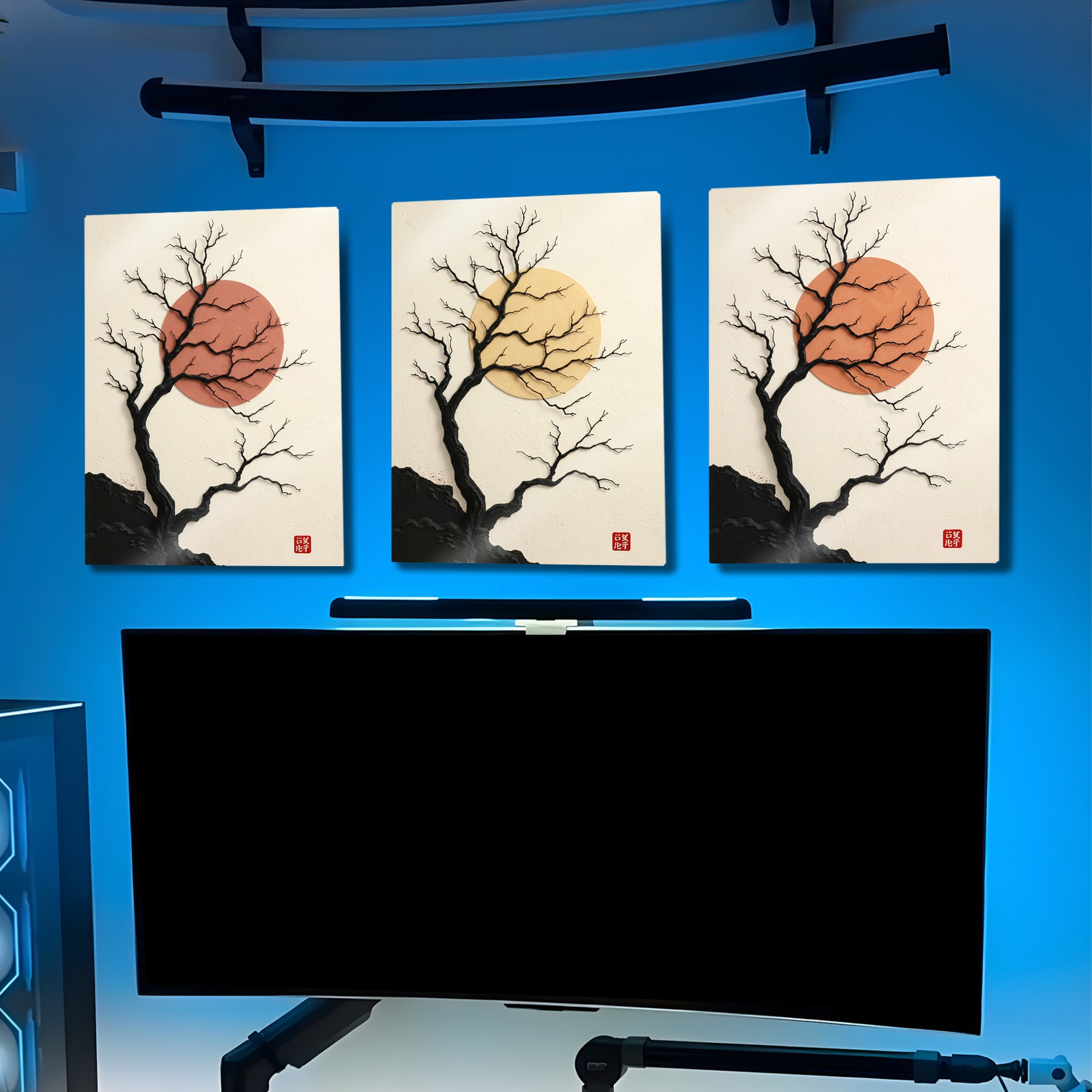Japandi Güneş ve Ağaç 3 Parça Metal Tablo – Minimalist Setup Dekoru