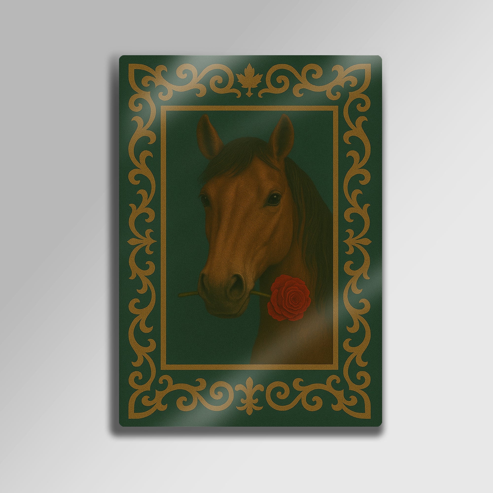 3D Gül Tutan At Tablosu Klasik - Metal Tablo