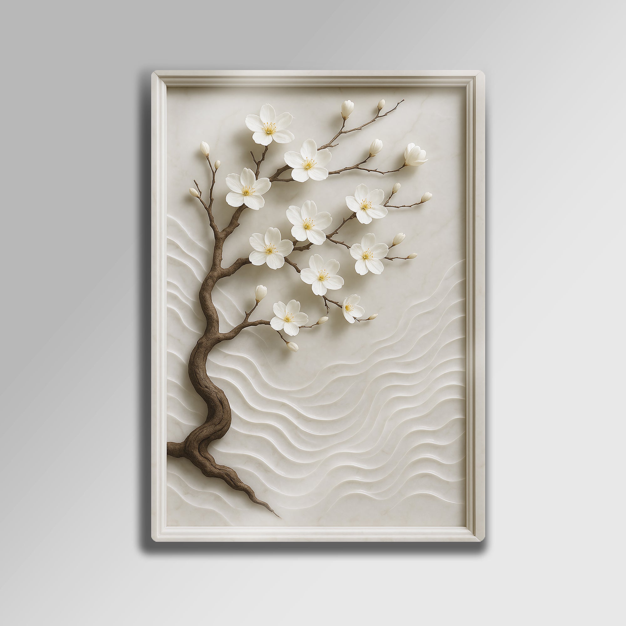 Beyaz Sakura Kiraz Çiçeği Ağaç Desenli 3D - Metal Tablo