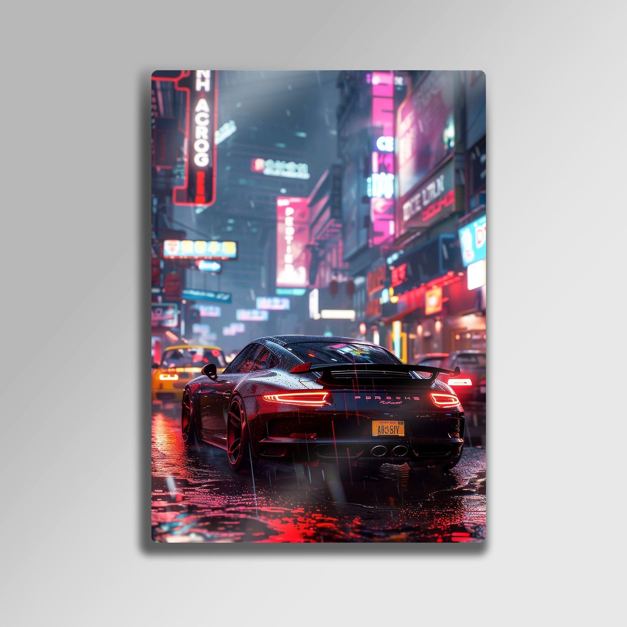 Porsche 911 Neon Şehir - Metal Tablo