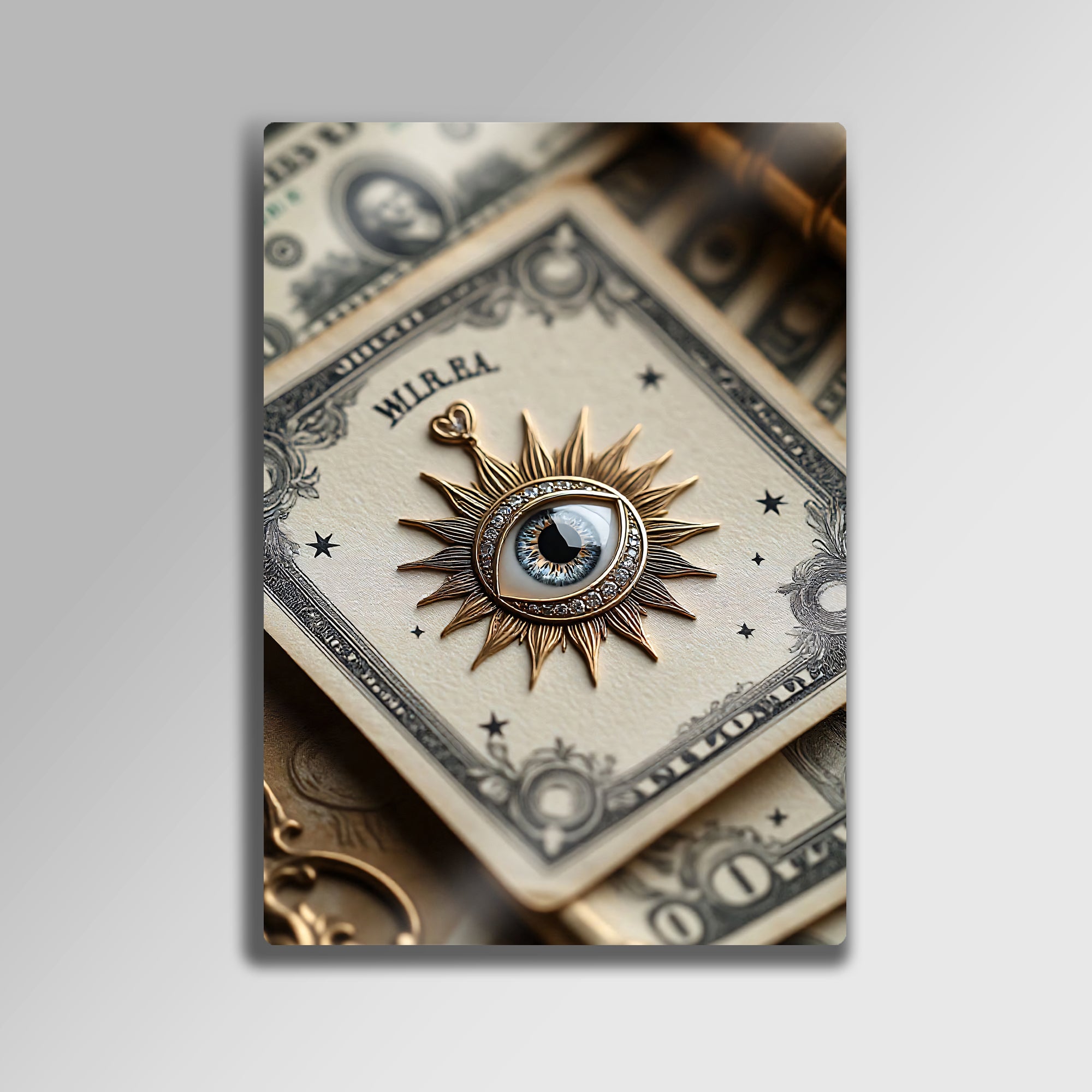 Altın Göz Sembolü ve Dolar Desenli - Metal Tablo