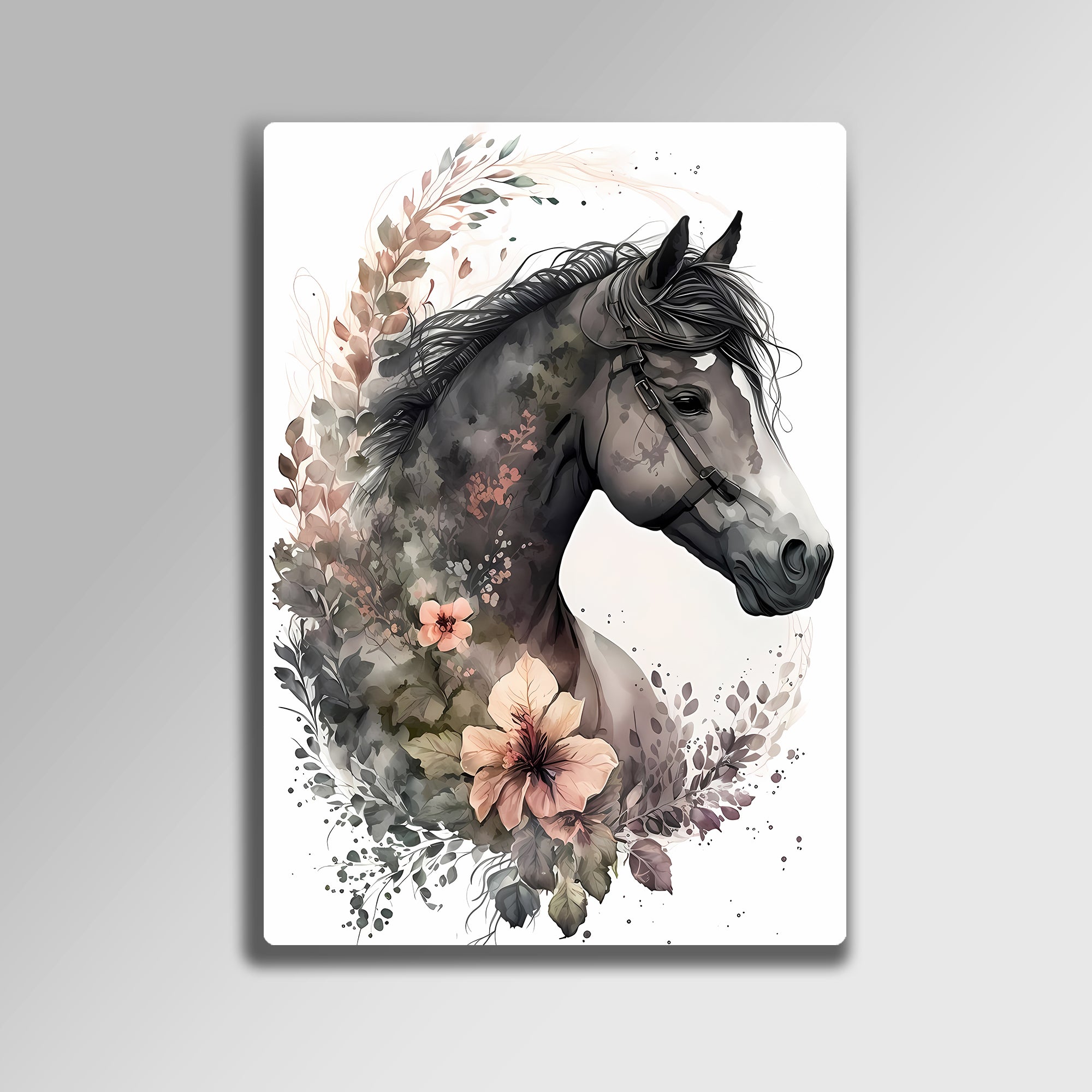 Çiçekli At Tablosu Su Renk Sanat - Metal Tablo