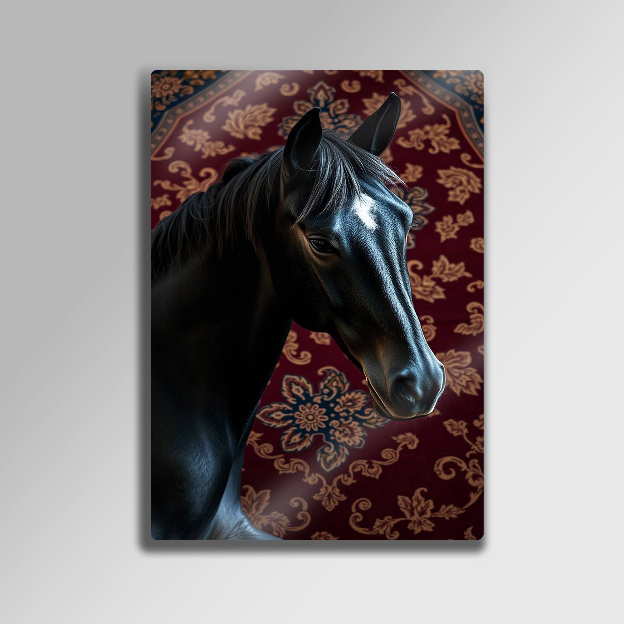 Siyah At Tablosu Halı Desenli - Metal Tablo