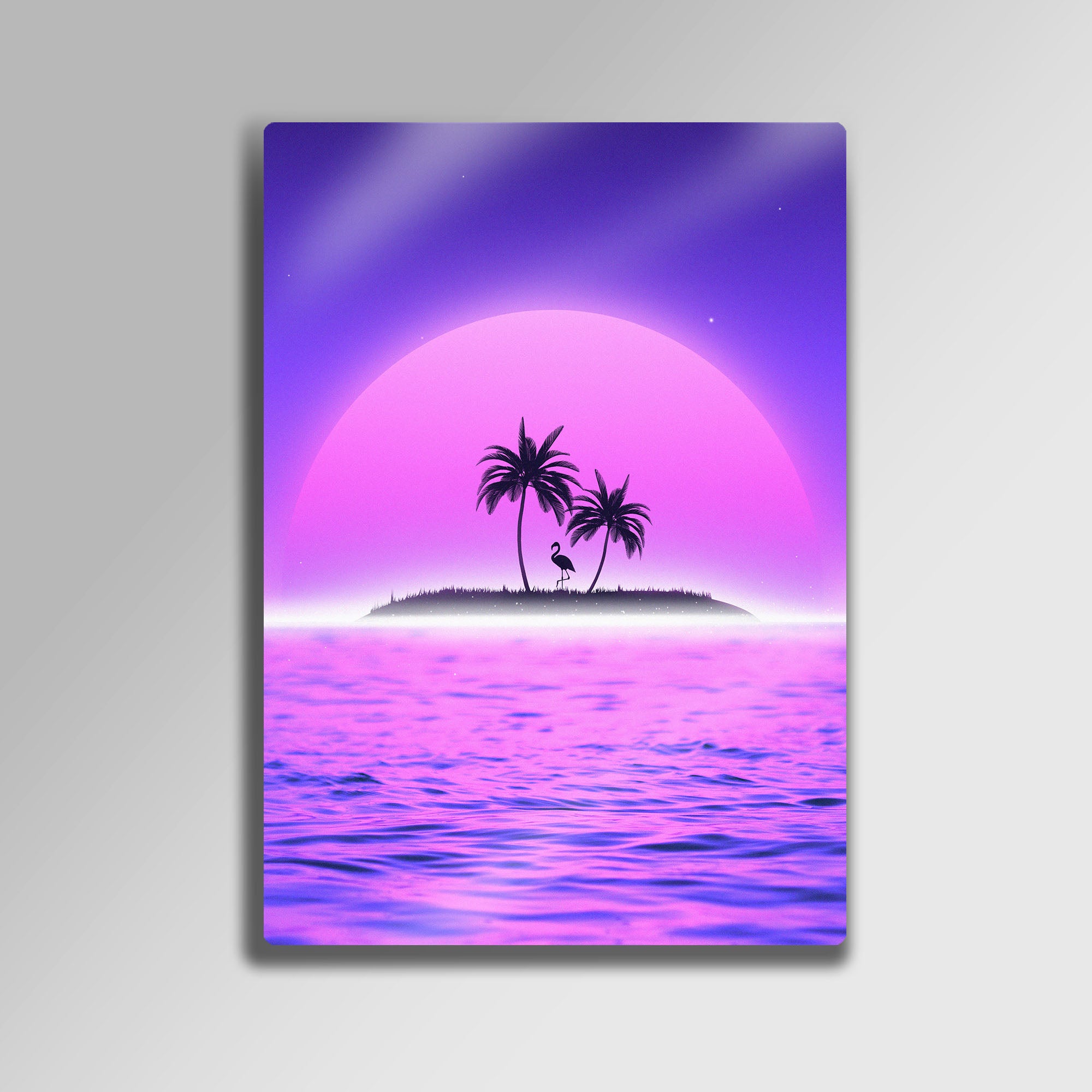 Tropikal Ada, Retro Neon Gün Batımı Duvar Dekoru - Metal Tablo
