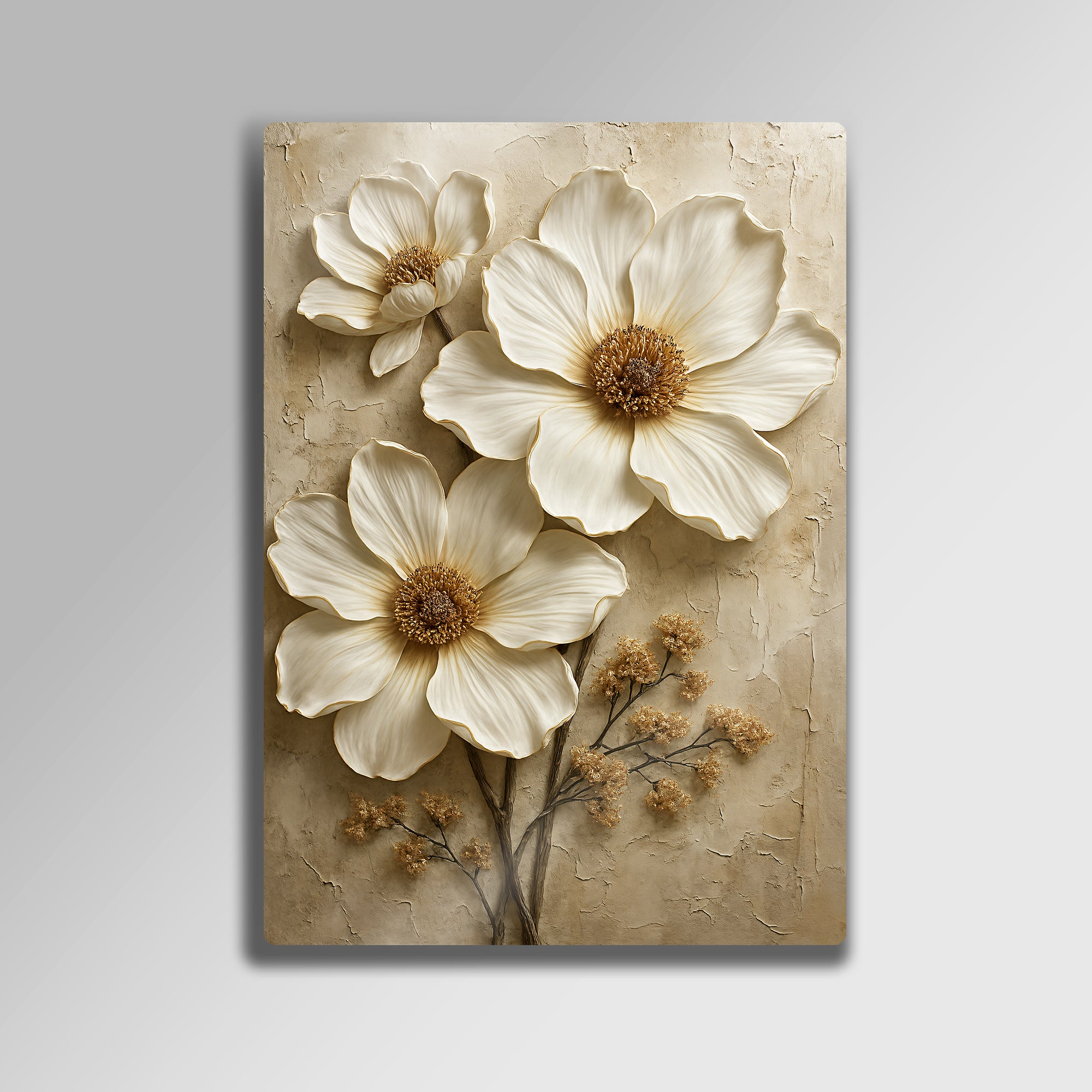 Beyaz Çiçek Desenli 3D Kabartma - Metal Tablo