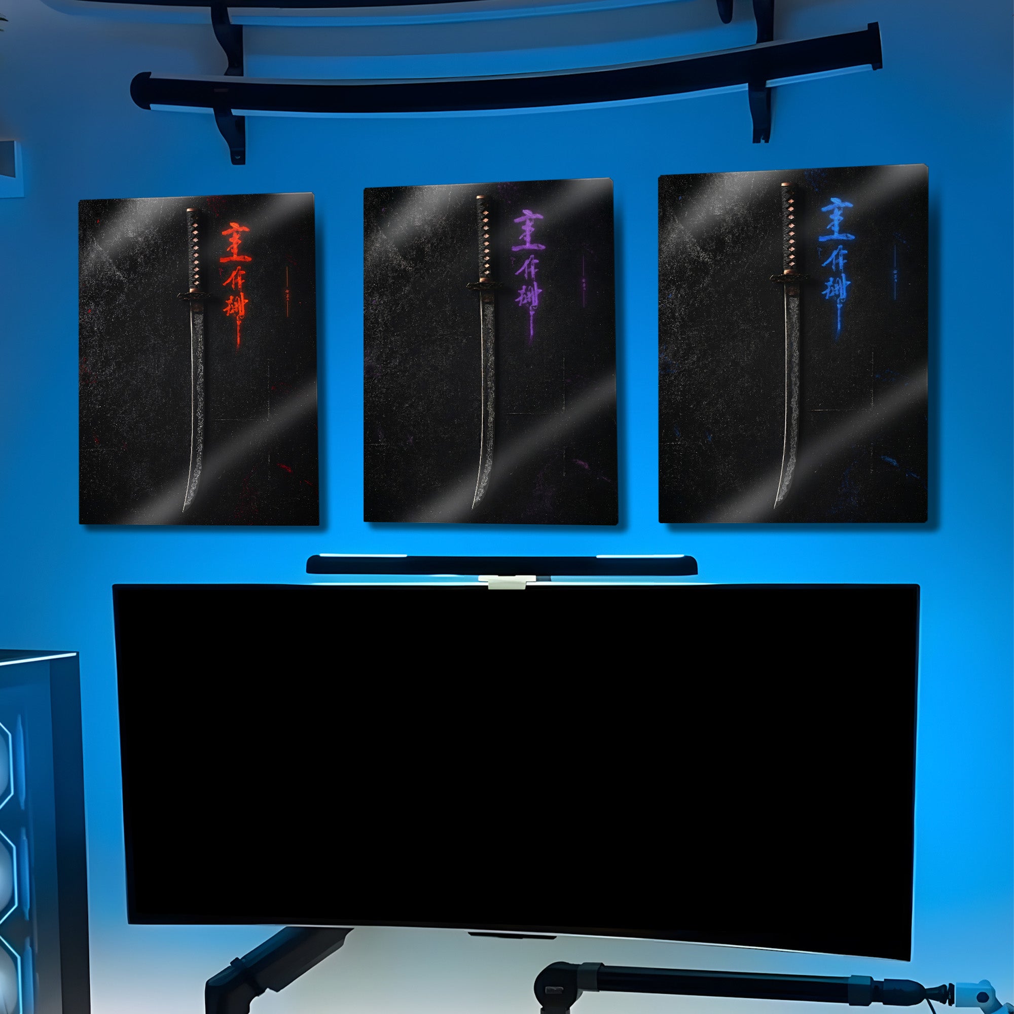 Katana Kılıç 3 Parça Metal Tablo – Japon RGB Oyuncu Odası Dekor