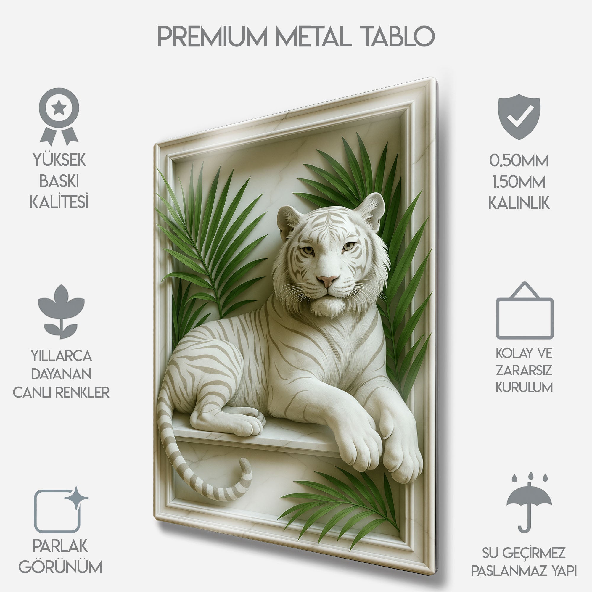3D Beyaz Kaplan Rölyef - Metal Tablo