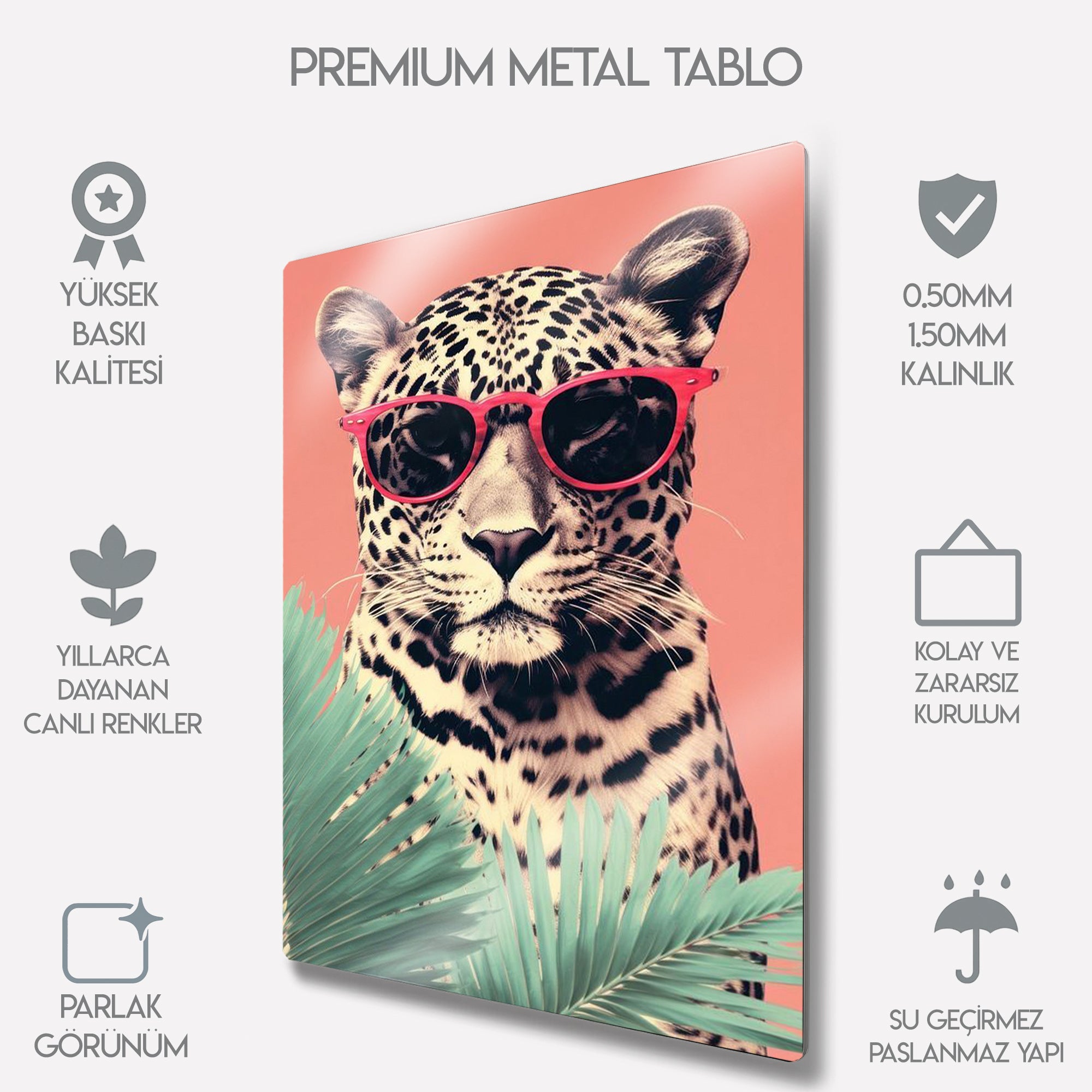 Leopar Güneş Gözlüklü - Metal Tablo