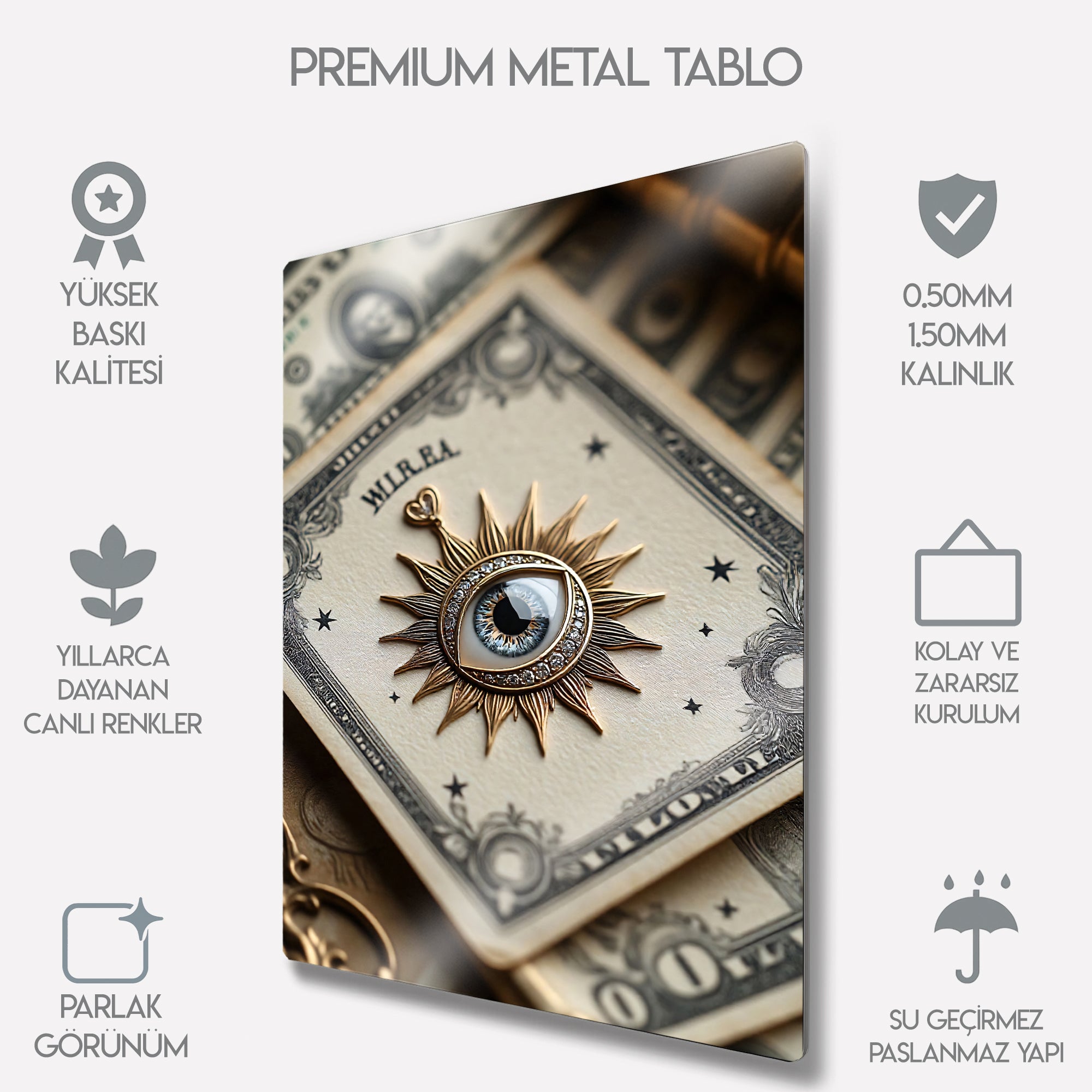 Altın Göz Sembolü ve Dolar Desenli - Metal Tablo