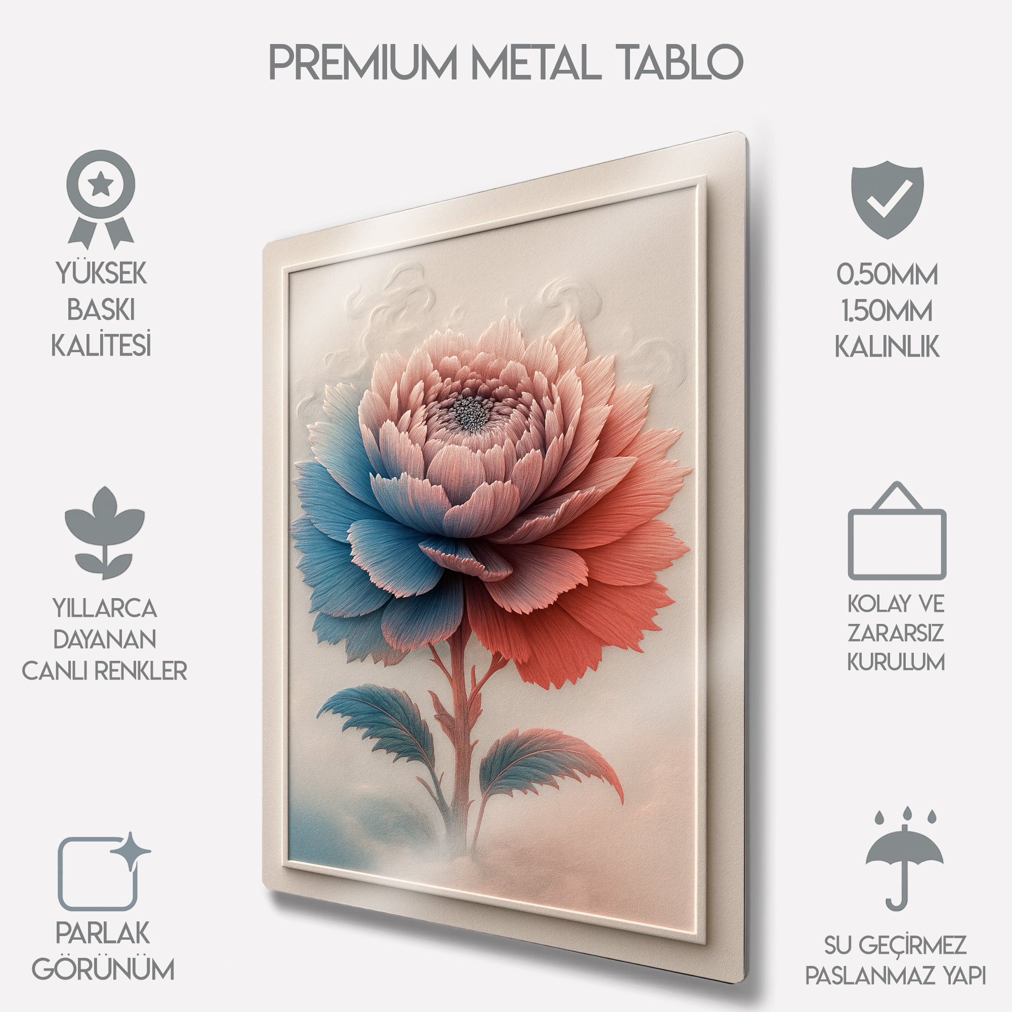 3D Görünüm Pembe Çiçek - Metal Tablo