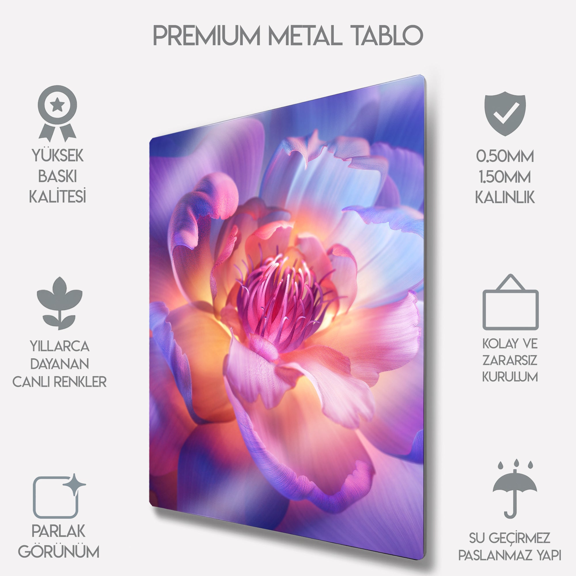 Mor Pembe Çiçek Desenli Modern - Metal Tablo