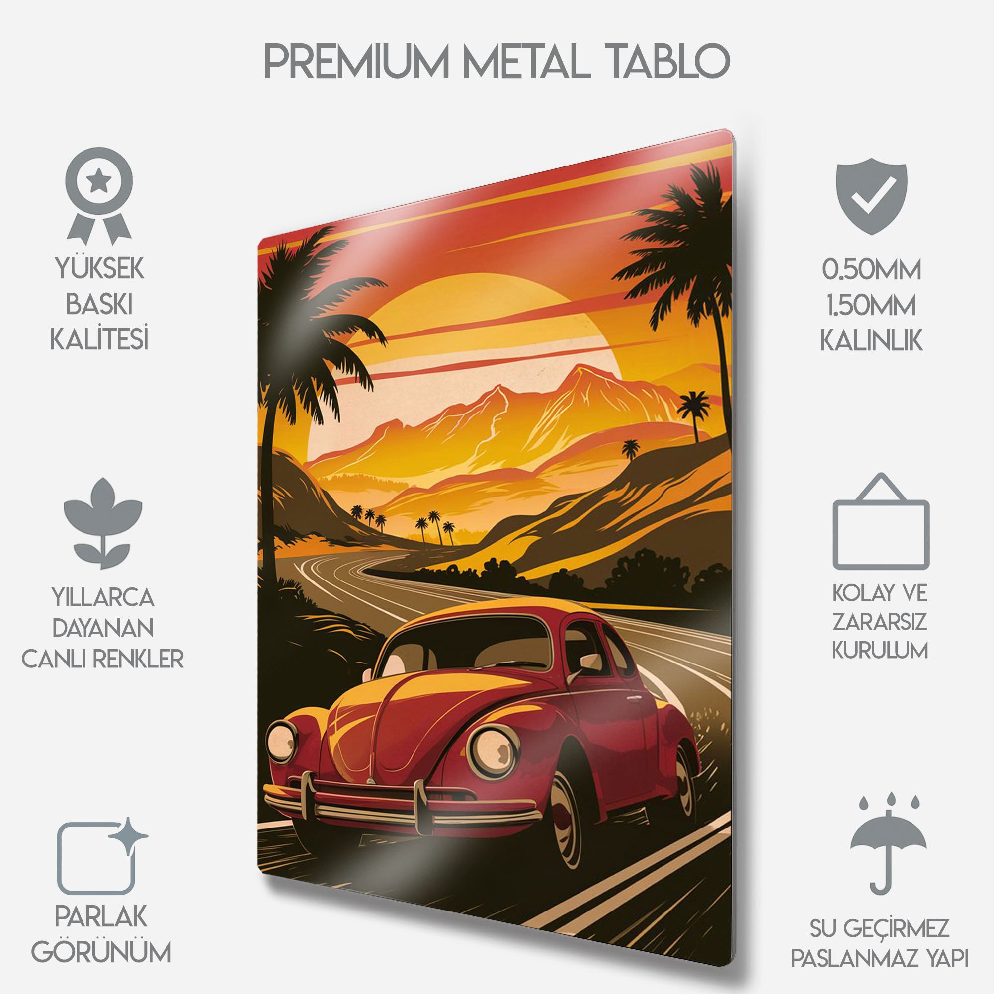 Volkswagen Beetle (Vosvos) Gün Batımı - Metal Tablo