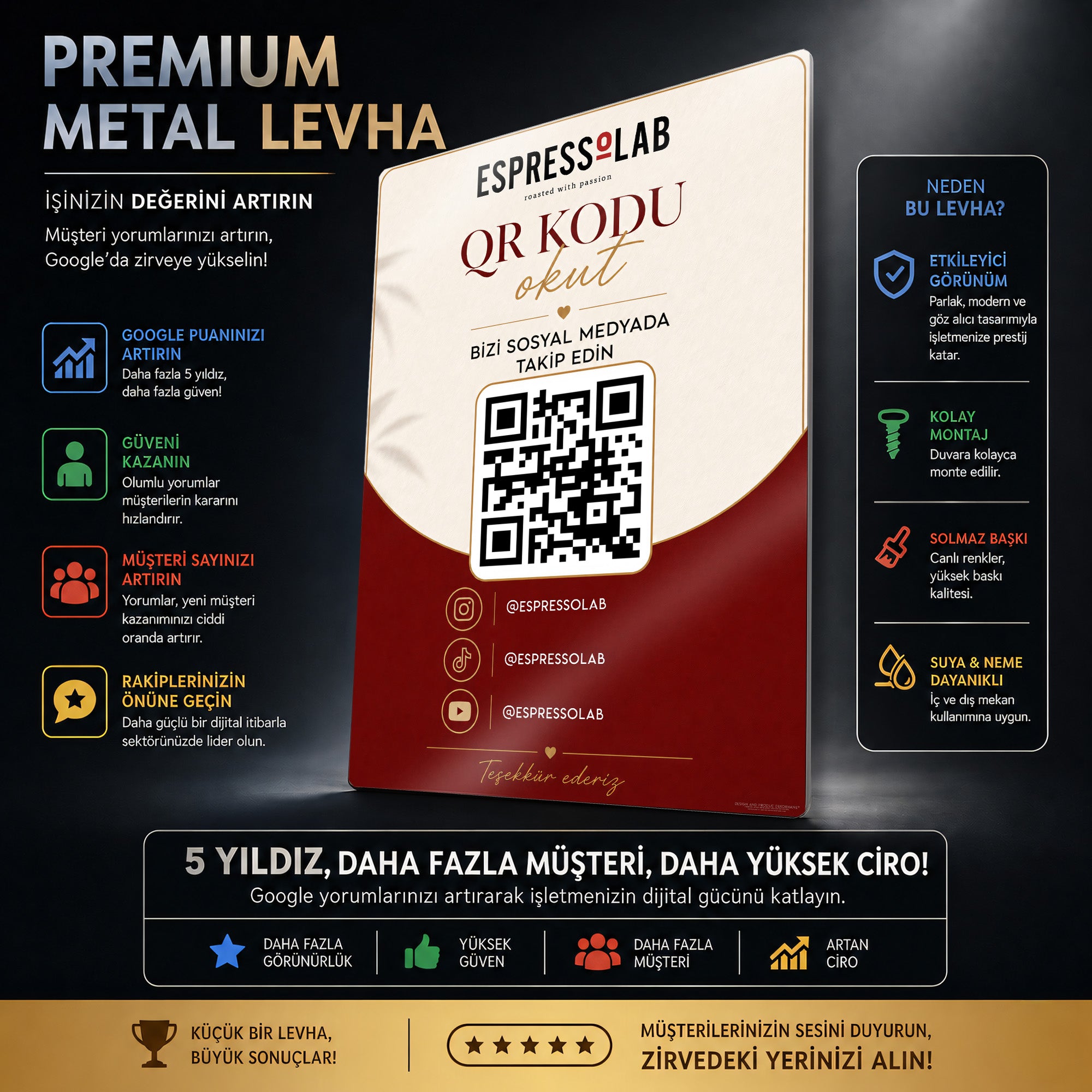 Metal Sosyal Medya QR Kod – Instagram TikTok YouTube Takip Levhası