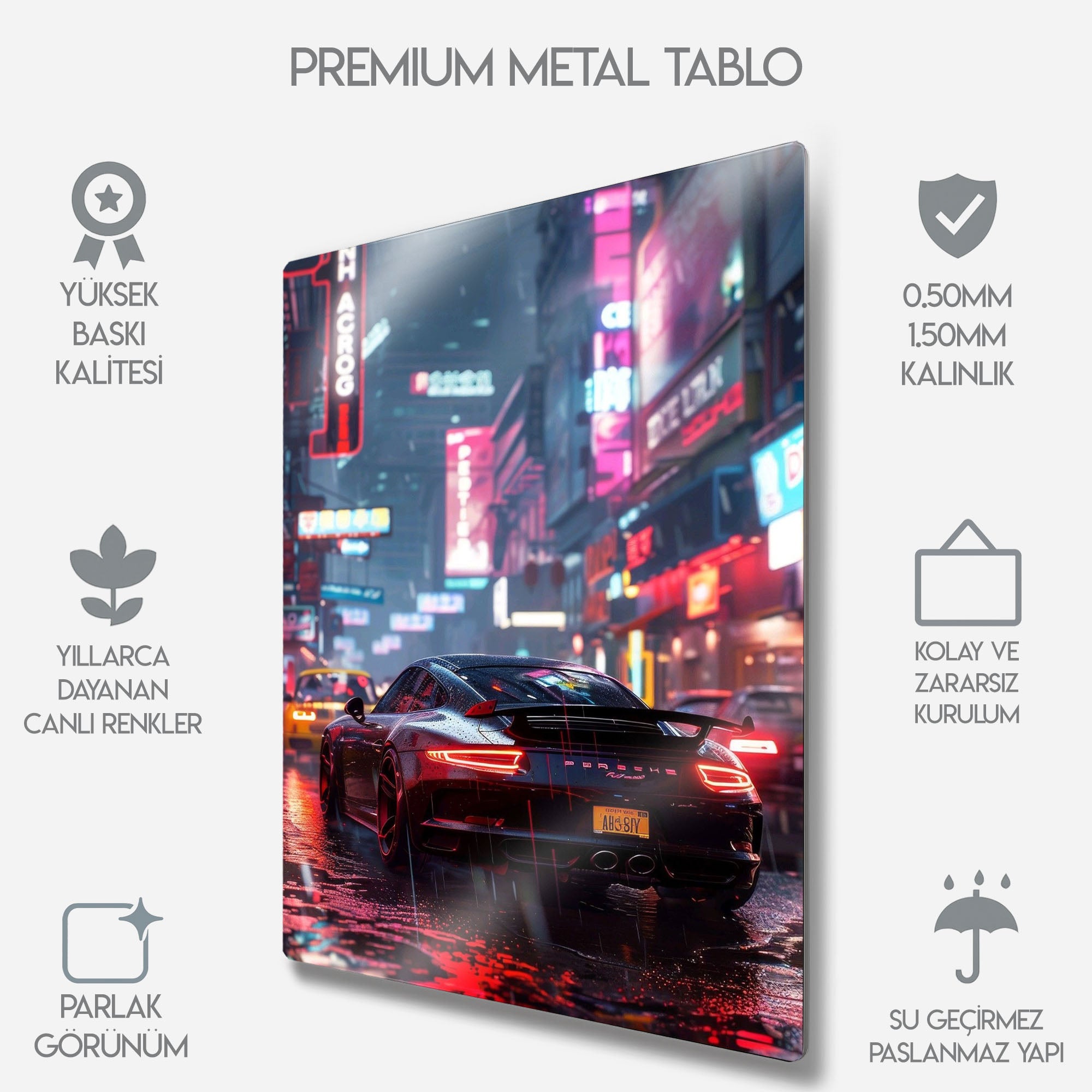 Porsche 911 Neon Şehir - Metal Tablo