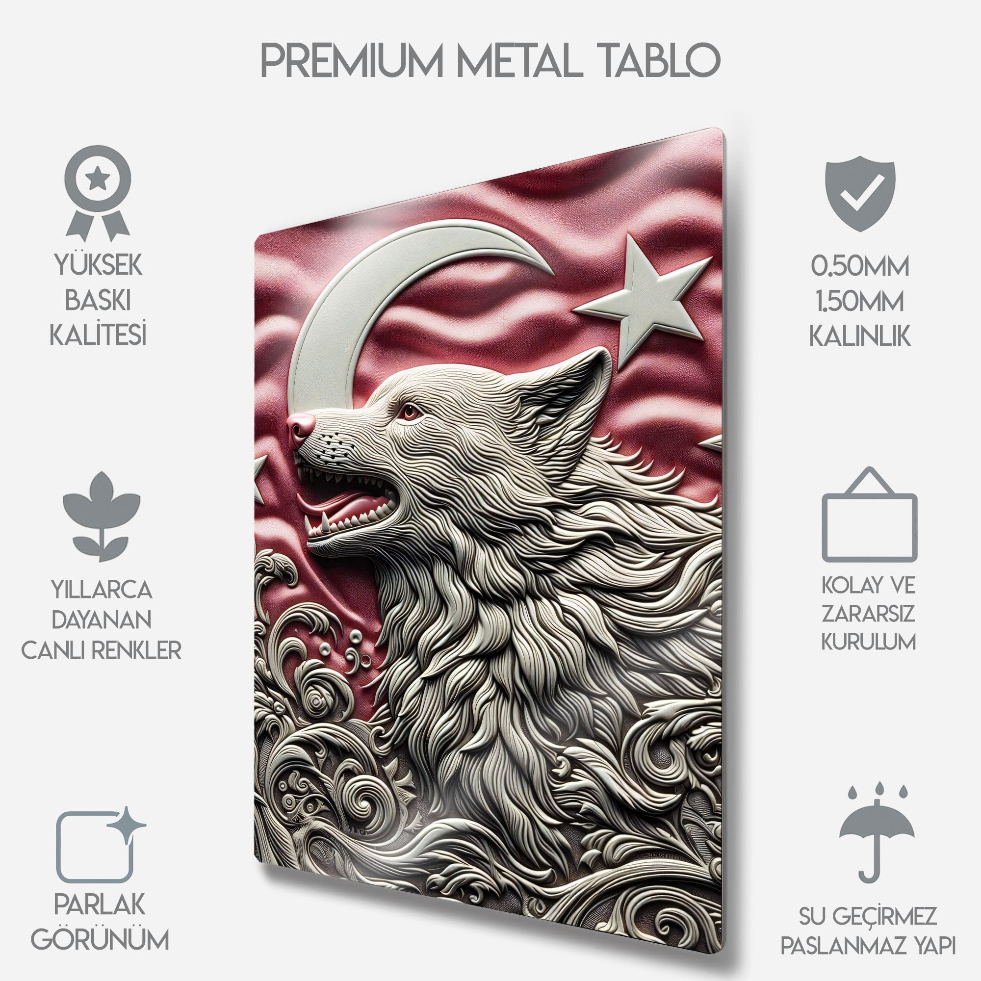 3D Türk Bayrağı ve Bozkurt, Ay Yıldız - Metal Tablo