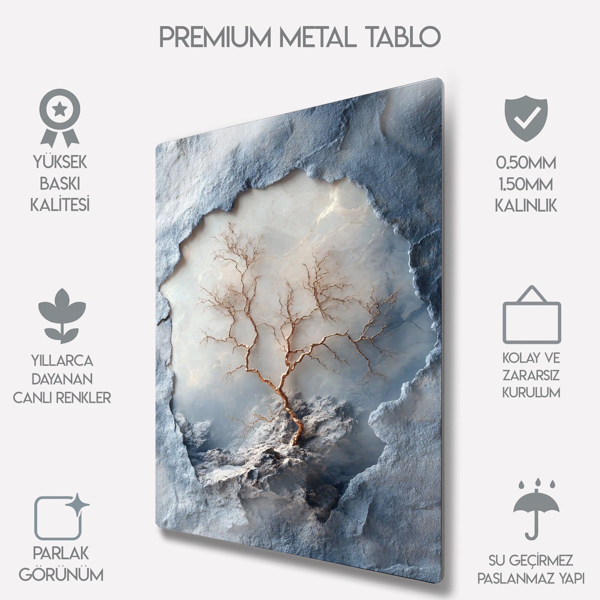 3D Görünüm Doğal Kaya ve Ağaç Desenli - Metal Tablo