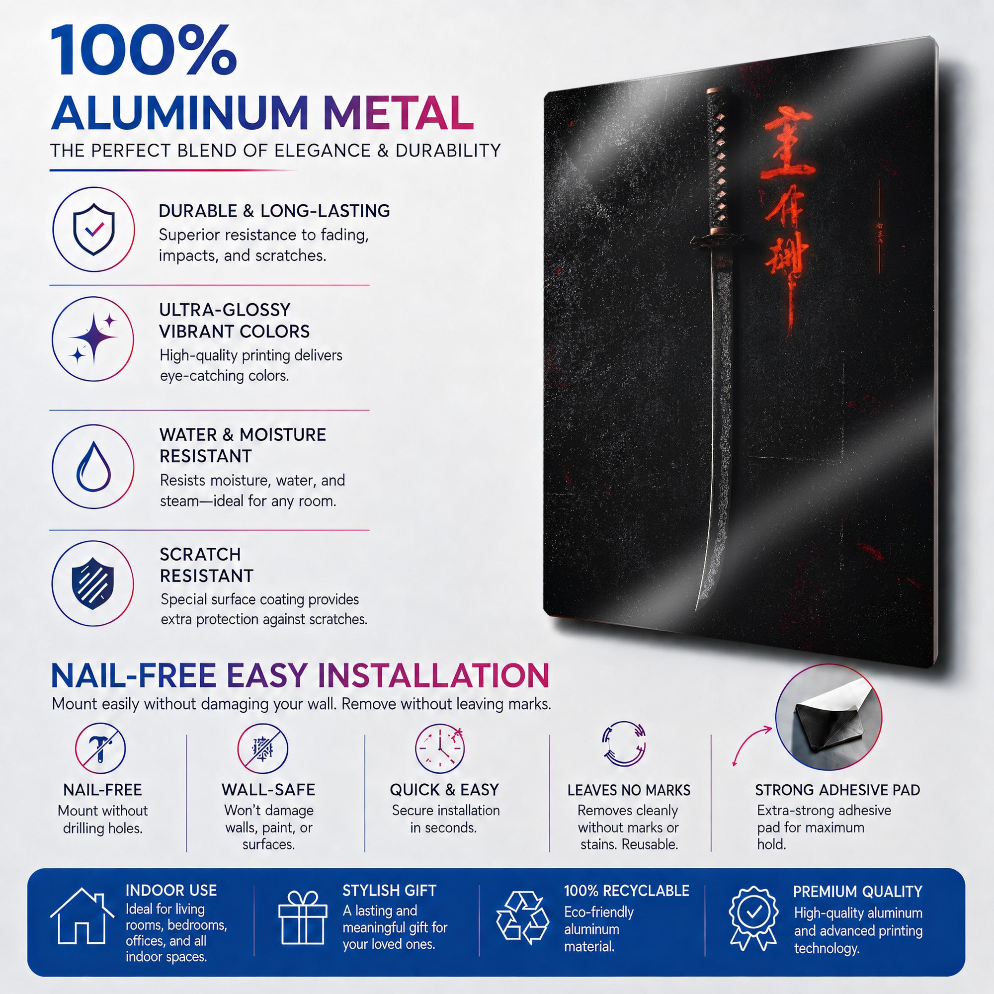 Katana Kılıç 3 Parça Metal Tablo – Japon RGB Oyuncu Odası Dekor
