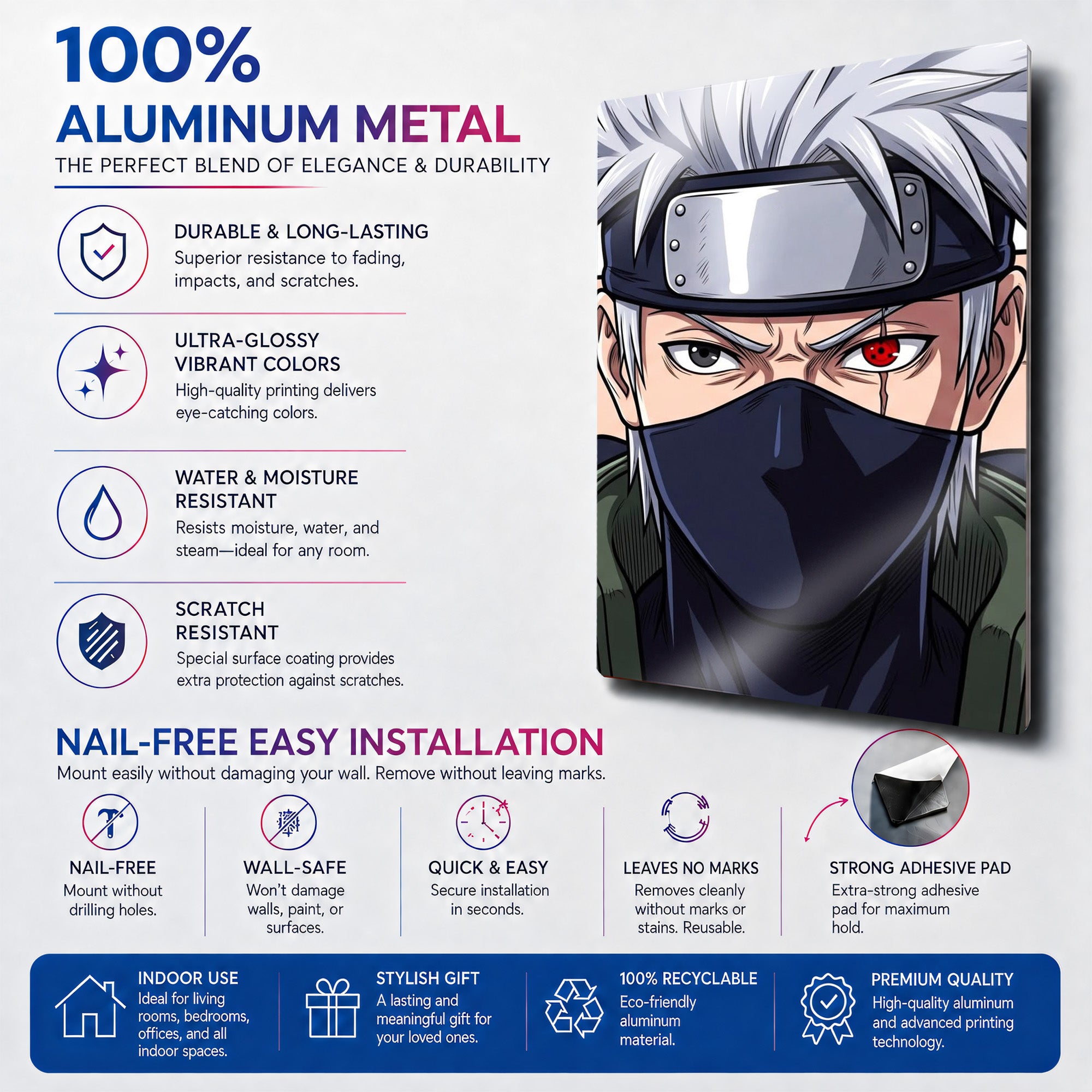 Naruto Anime Kakashi Hatake Sharingan 3 Parça - Metal Tablo