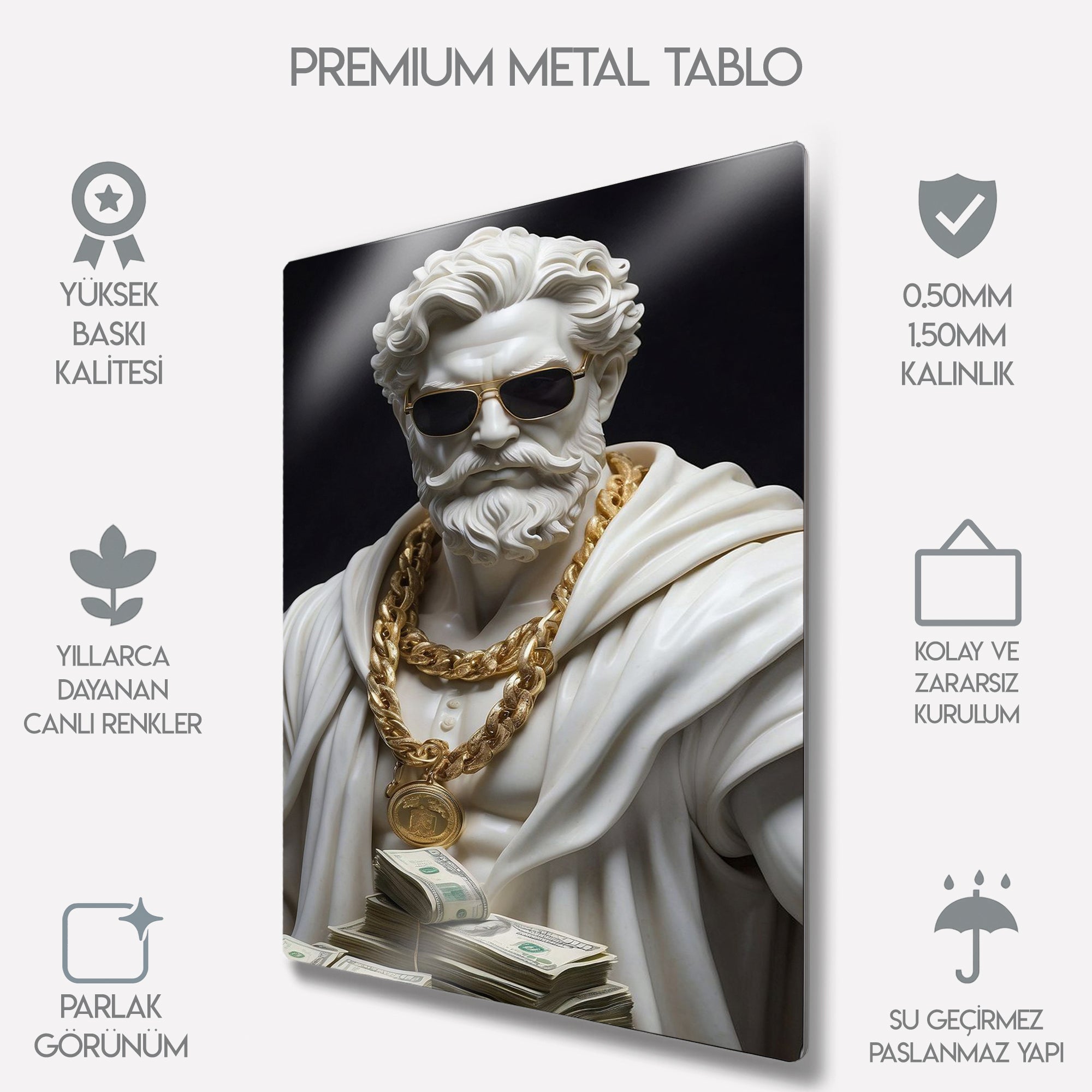 Hip Hop Zeus Heykeli ve Para Temalı - Metal Tablo