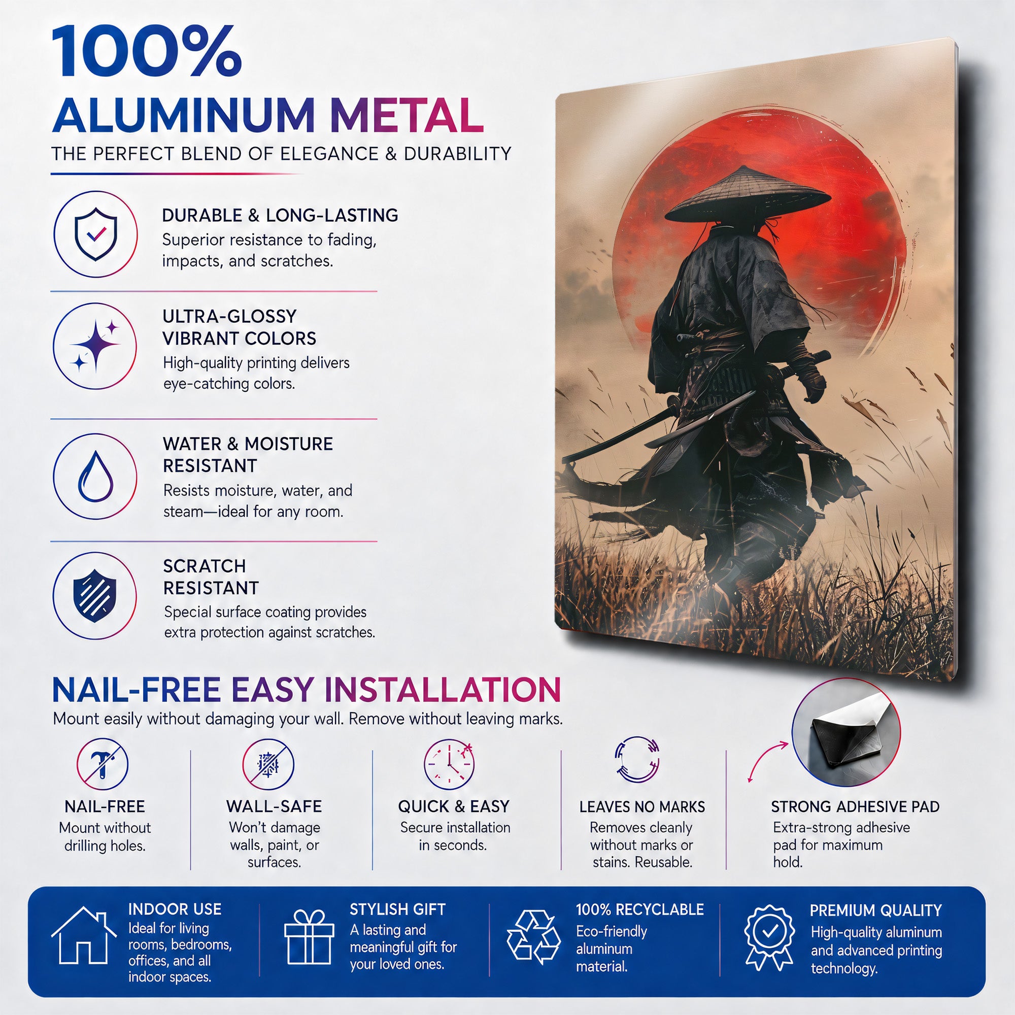 Samuray Savaşçı 3 Parça Metal Tablo – Japon Oyuncu Odası Dekor