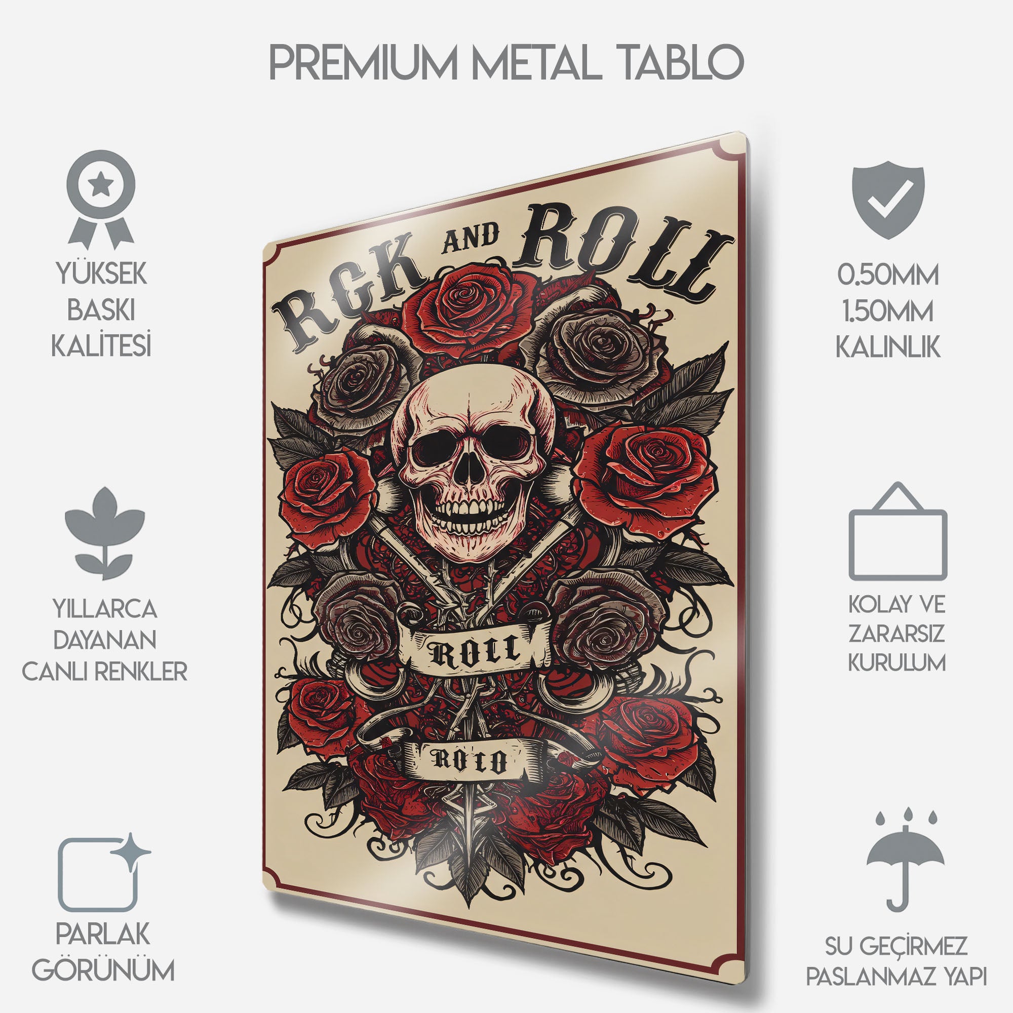 Rock and Roll Kuru Kafa ve Güller - Metal Tablo