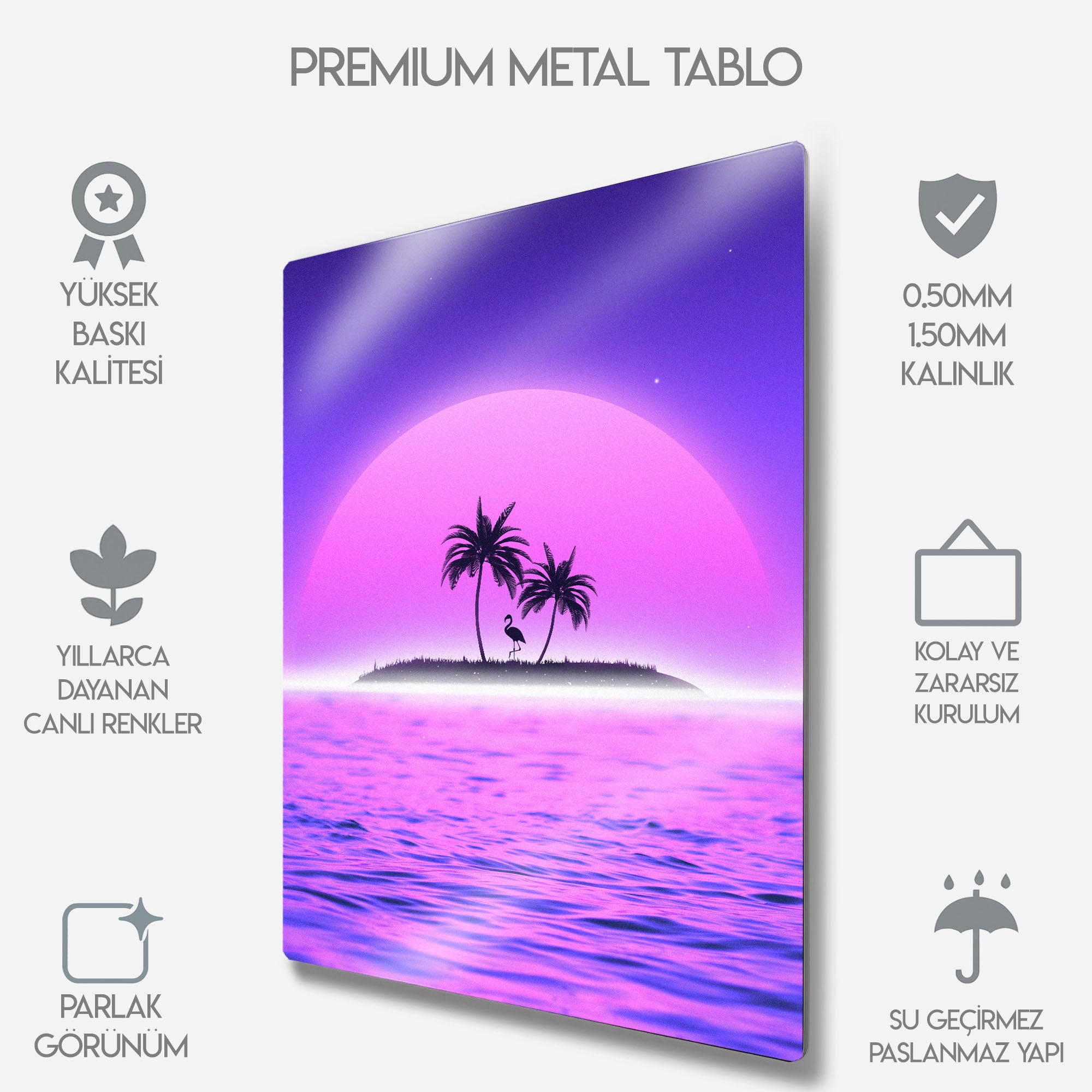 Tropikal Ada, Retro Neon Gün Batımı Duvar Dekoru - Metal Tablo