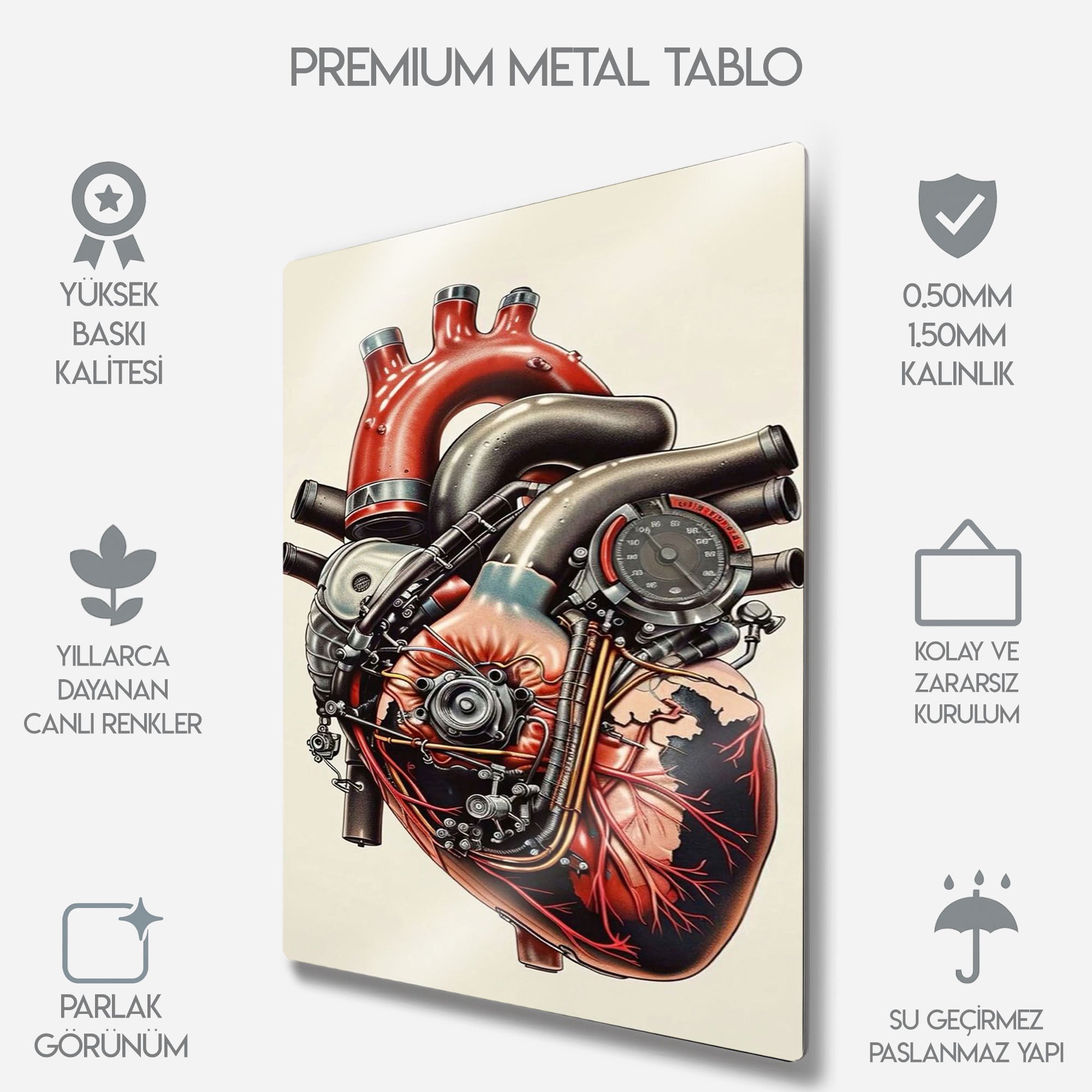 Yaşam Motoru: Detaylı Biyomekanik Kalp İllüstrasyonu - Metal Tablo