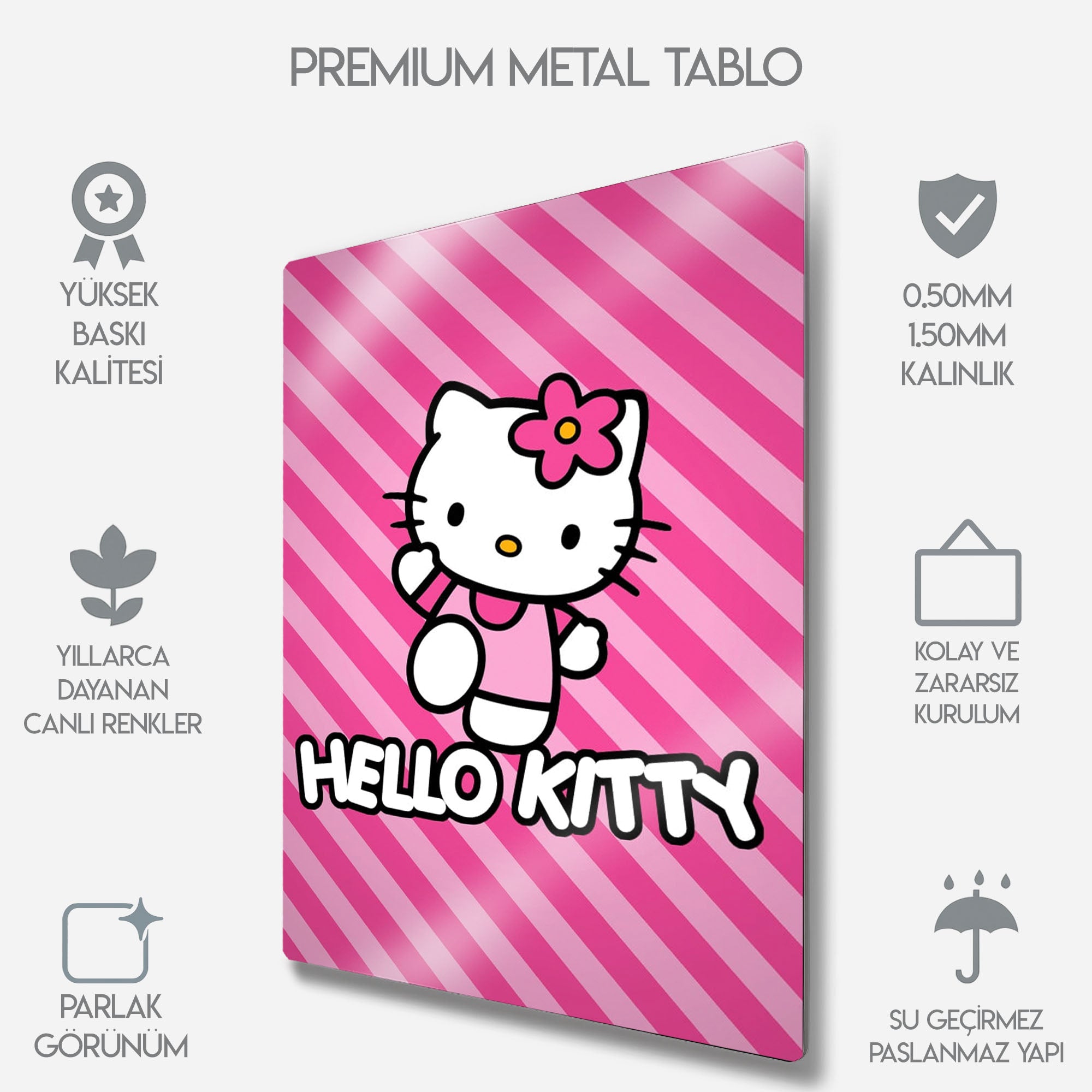 Hello Kitty Pembe Çizgili Tasarım Çocuk Odası - Metal Tablo
