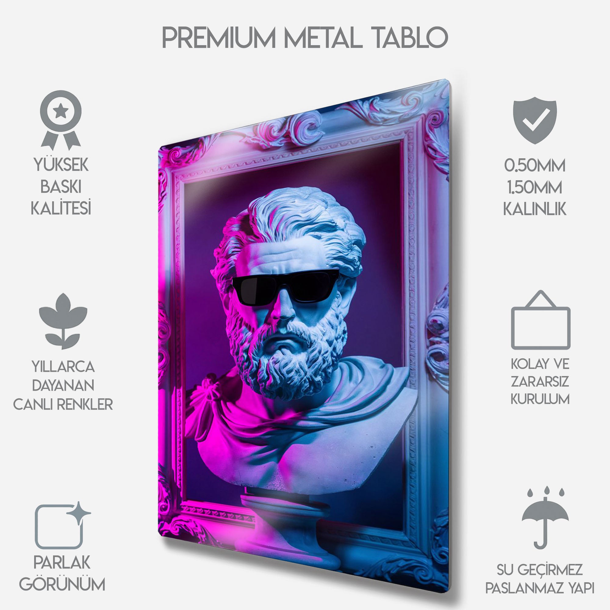 Gözlüklü Vektörel Tanrı Pop Art Zeus Heykeli - Metal Tablo