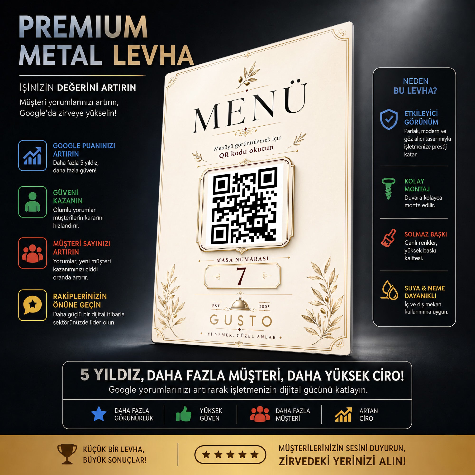 Metal QR Menü ve Masa Numarası Levhası – Restoran Kafe Masa Stant