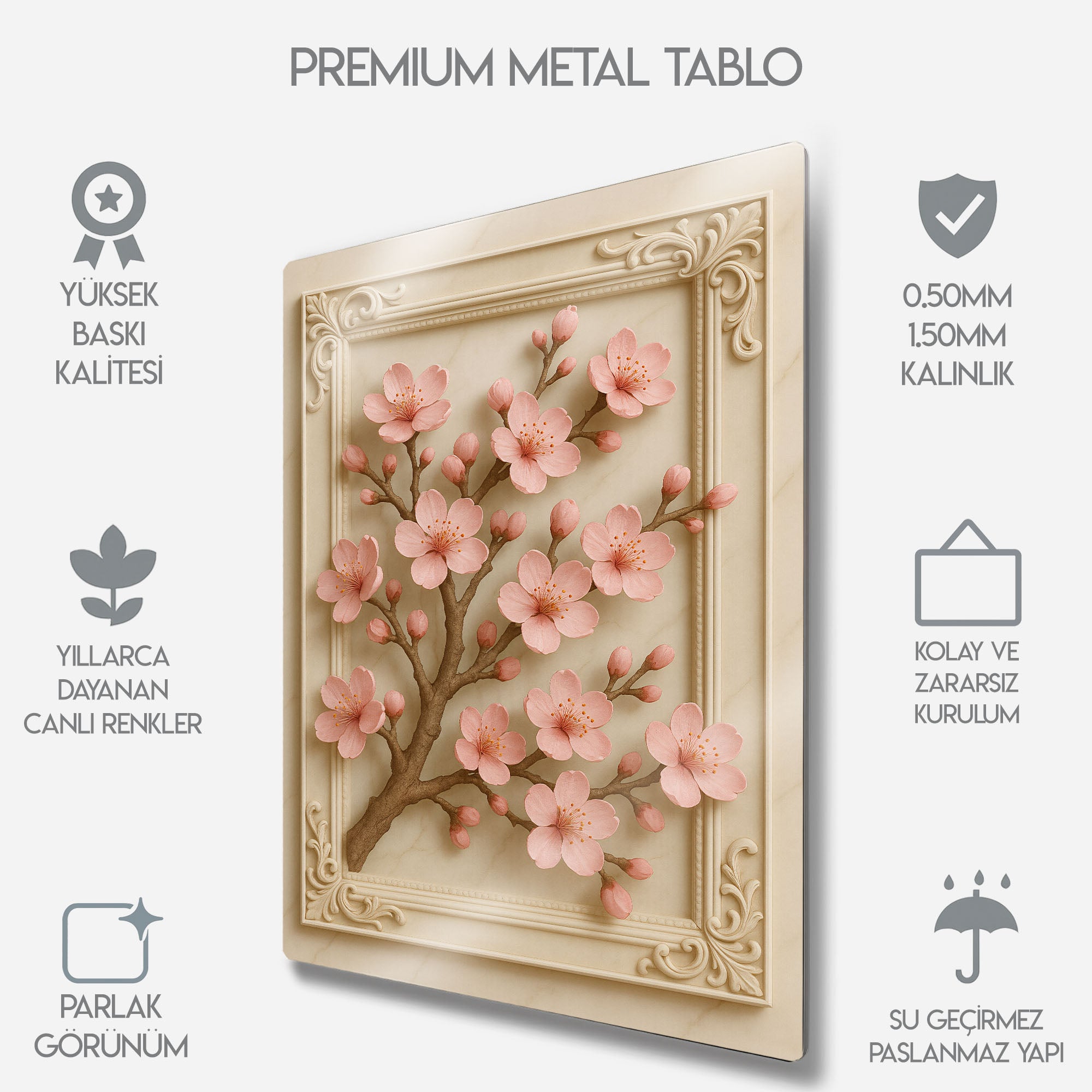 Kiraz Çiçeği, Sakura Rölyef 3D - Metal Tablo