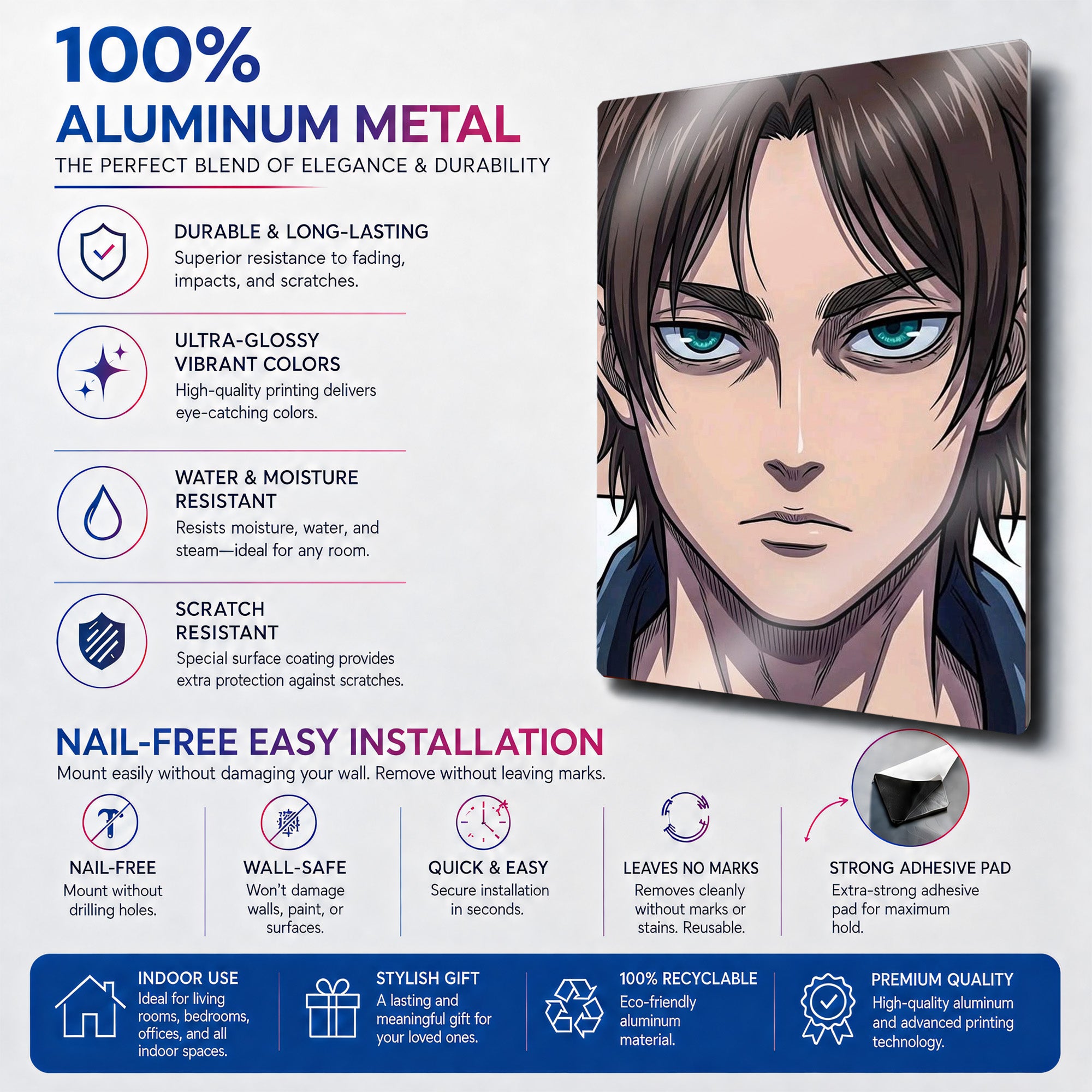 Eren Yeager 3 Parça Metal Tablo – Attack on Titan Anime Setup