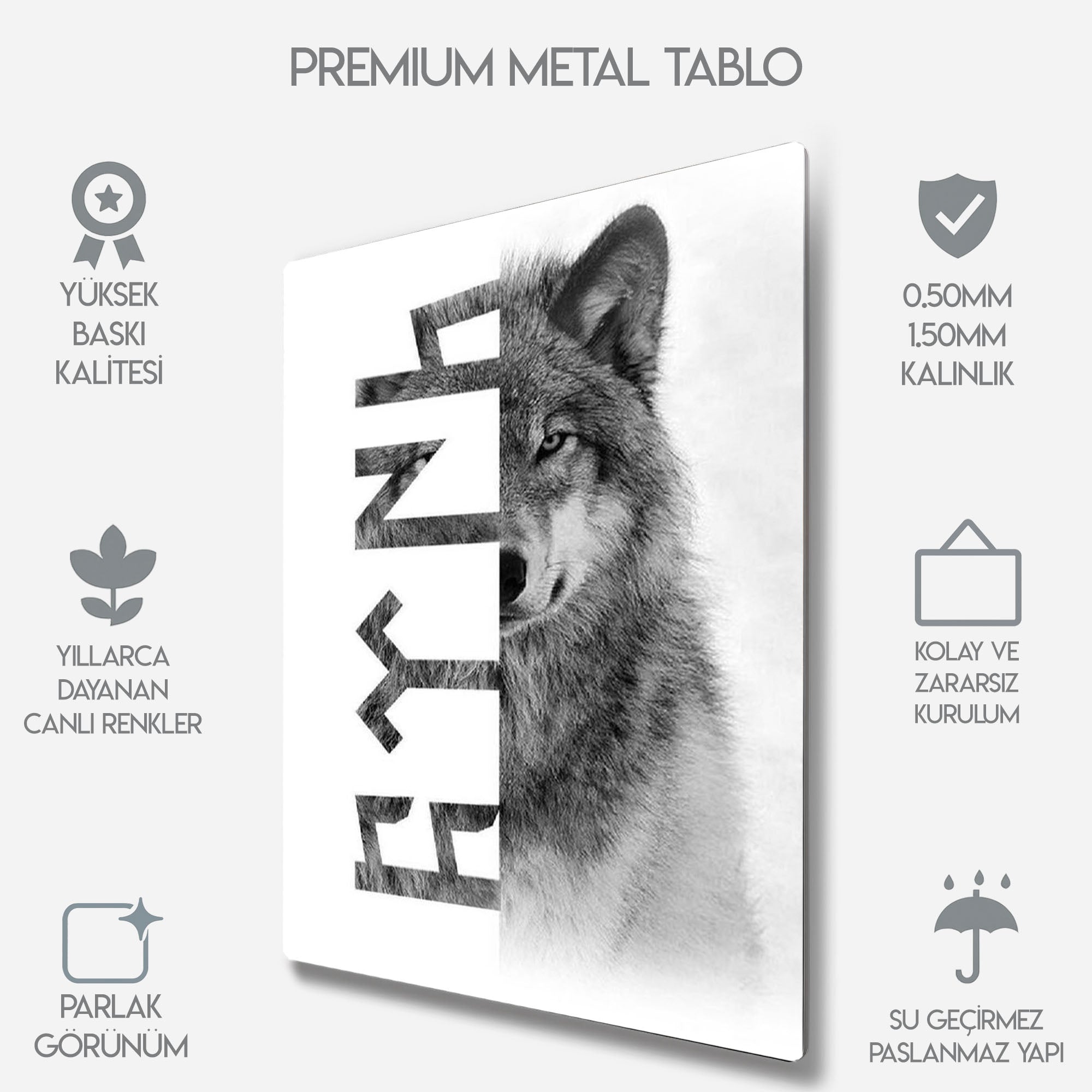 Göktürkçe "Türk" ve Bozkurt - Metal Tablo