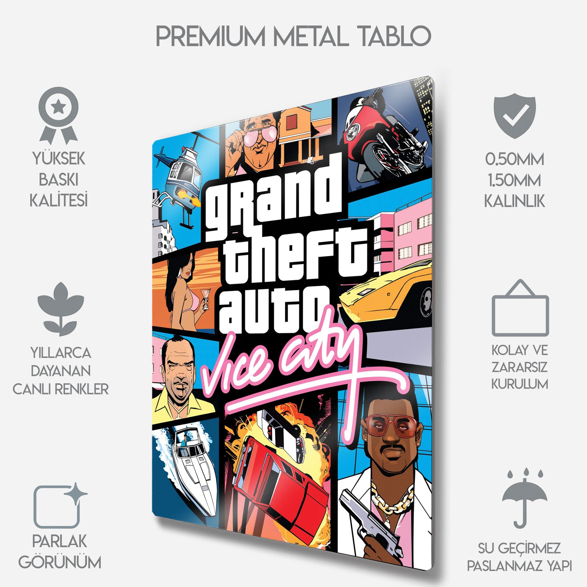 GTA Vice City Poster Tasarım Retro Oyun Odası Dekoru - Metal Tablo
