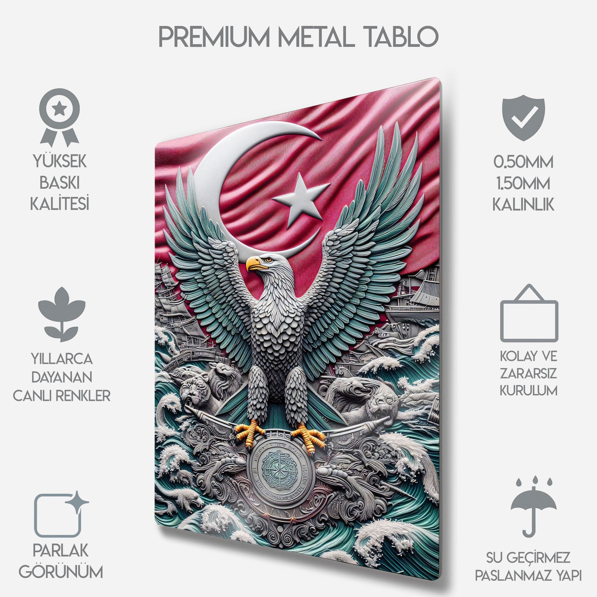 Ay Yıldızlı Bayrak ve Epik Kartal 3D - Metal Tablo