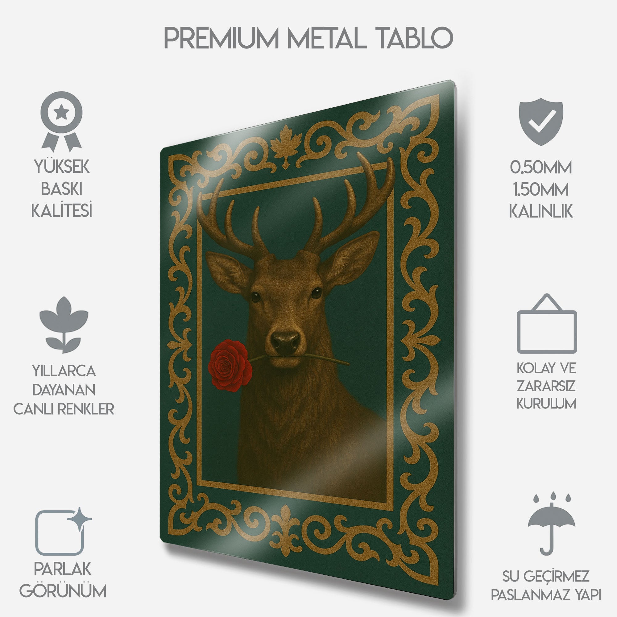 Geyik ve Gül - Metal Tablo