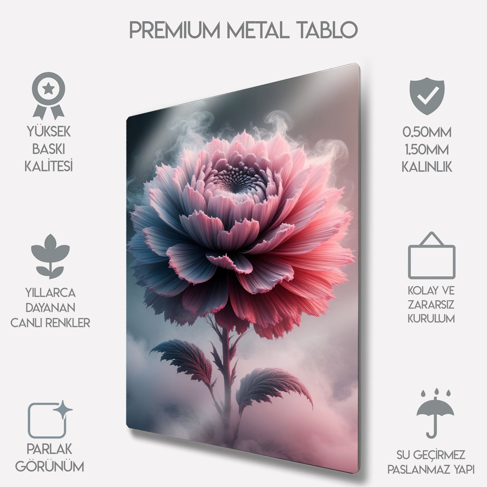 3D Görünüm Pembe Mavi Çiçek - Metal Tablo