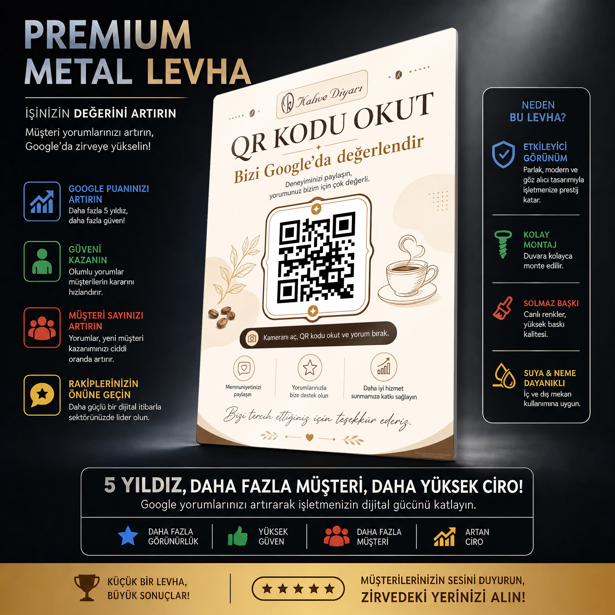 Metal Google Yorum QR Levhası – Kafe ve Restoran Değerlendirme Tabelası