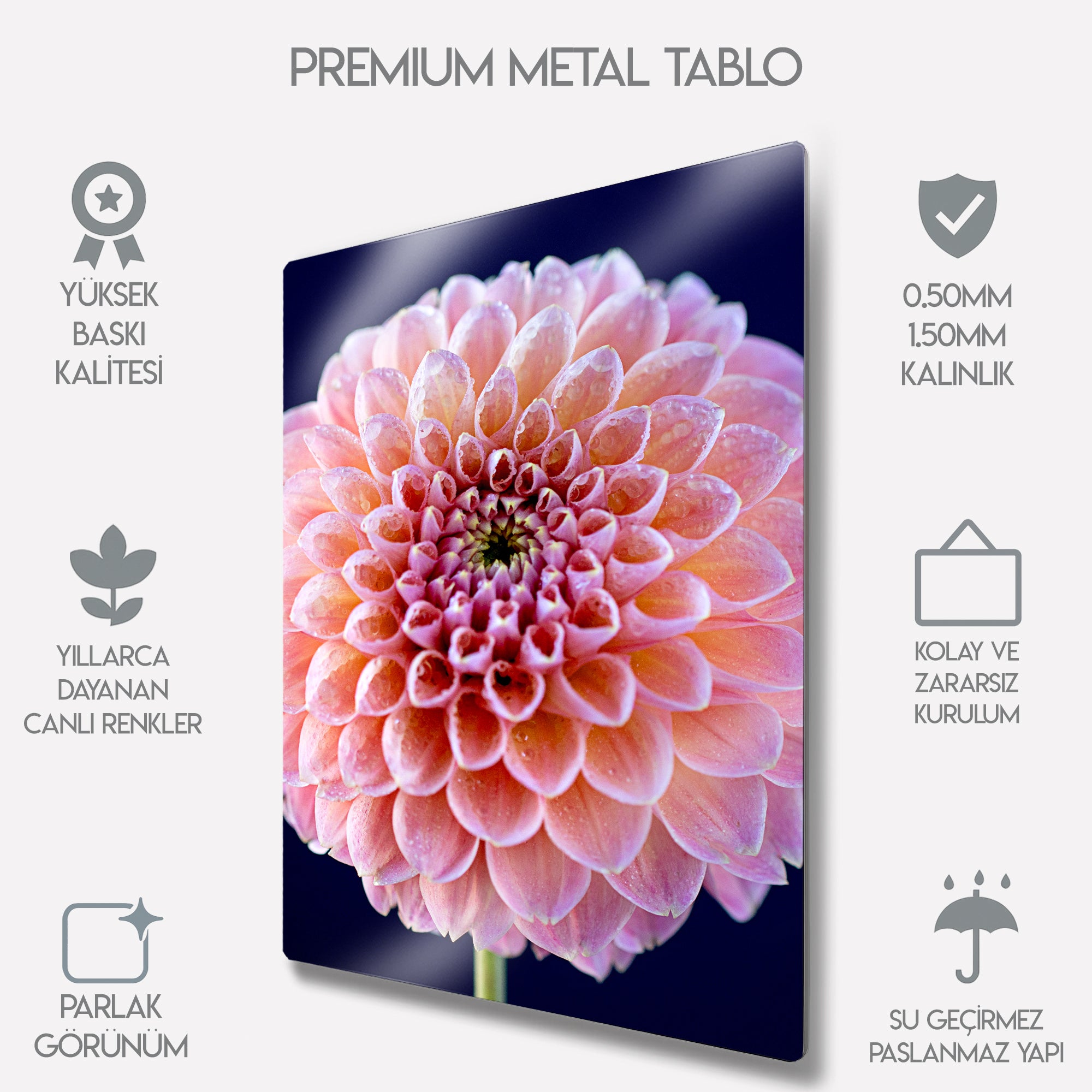 3D Pembe Çiçek Desenli - Metal Tablo