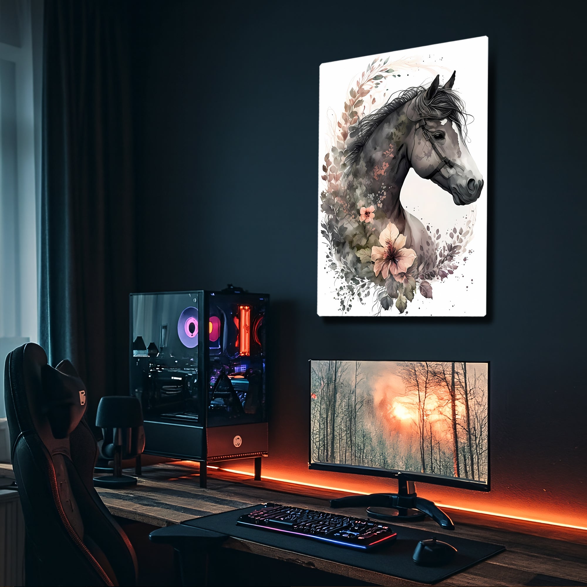 Çiçekli At Tablosu Su Renk Sanat - Metal Tablo