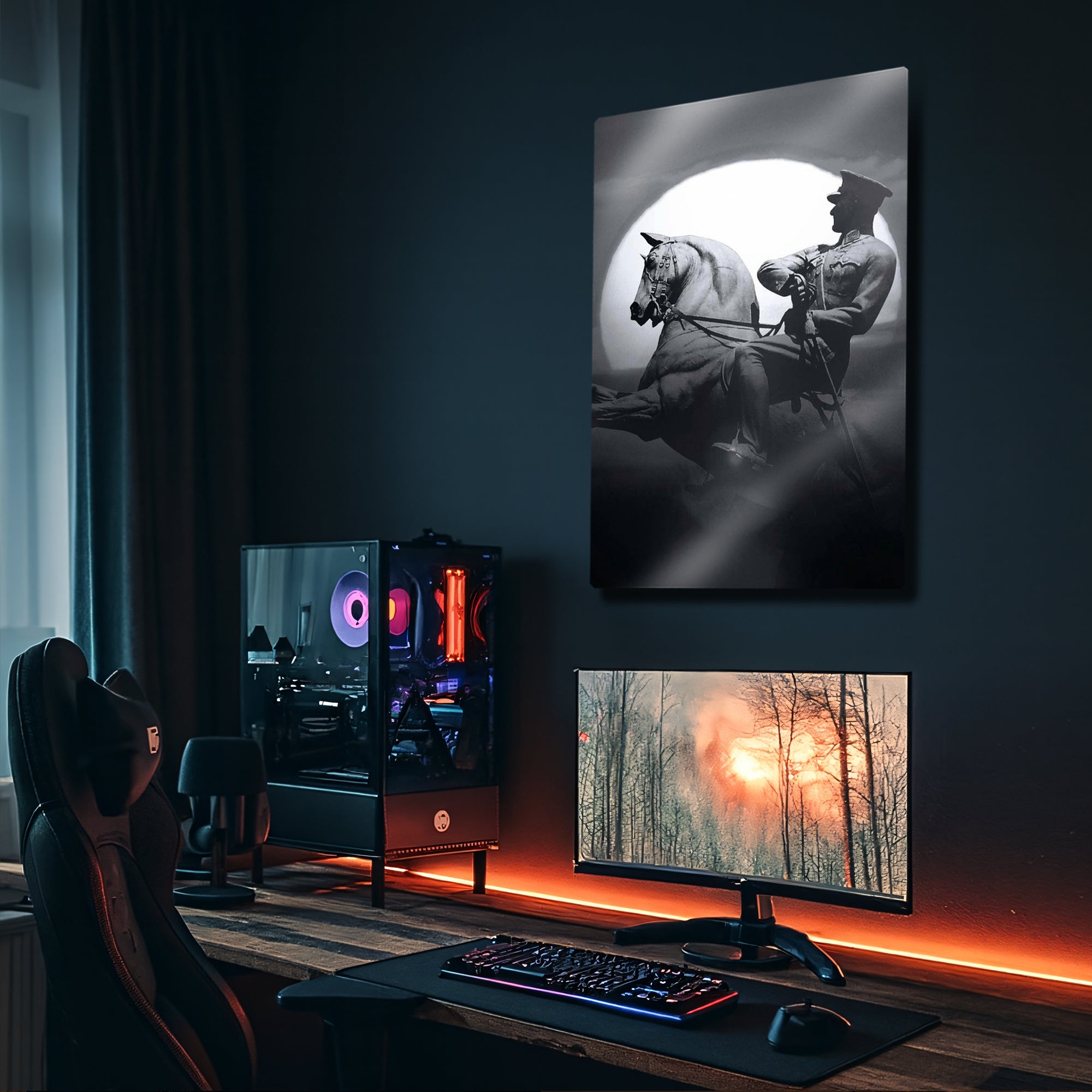 Atatürk Atlı Heykel Tablosu Siyah Beyaz - Metal Tablo