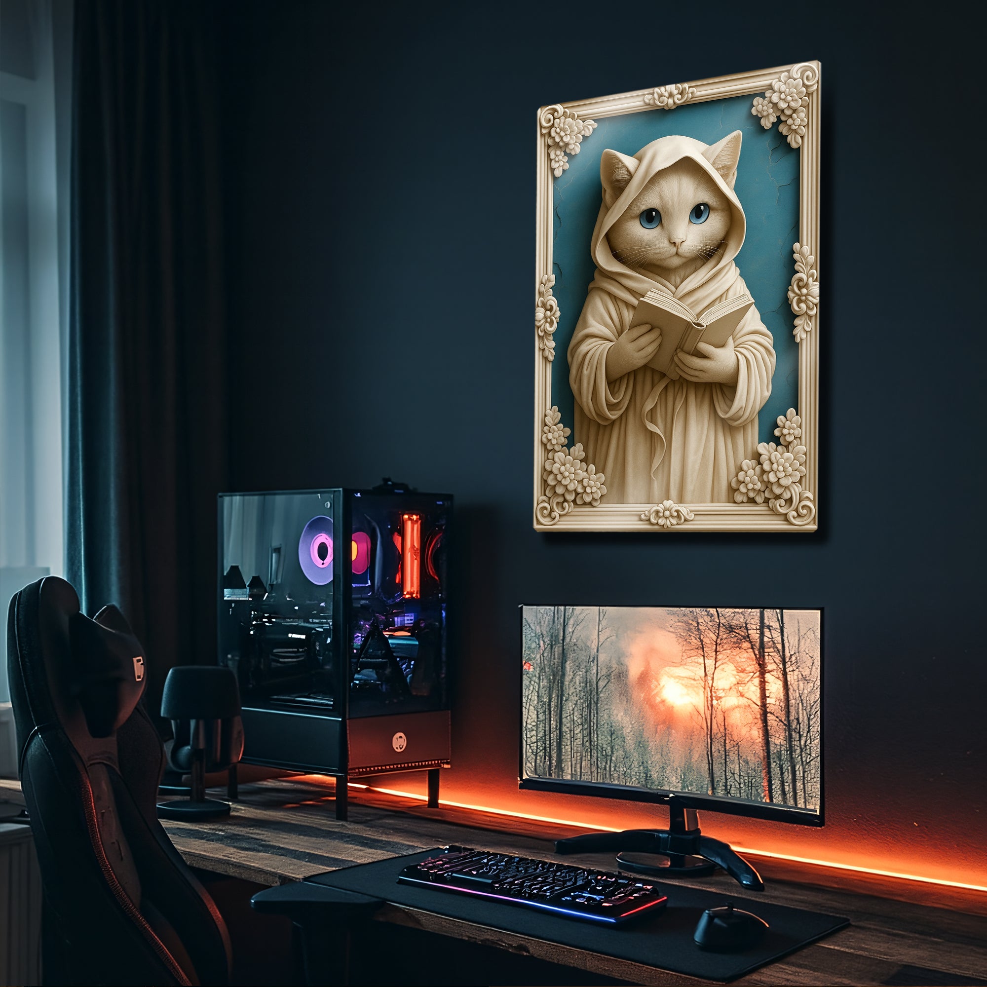 Kitap Okuyan Kedi Figürlü 3D - Metal Tablo