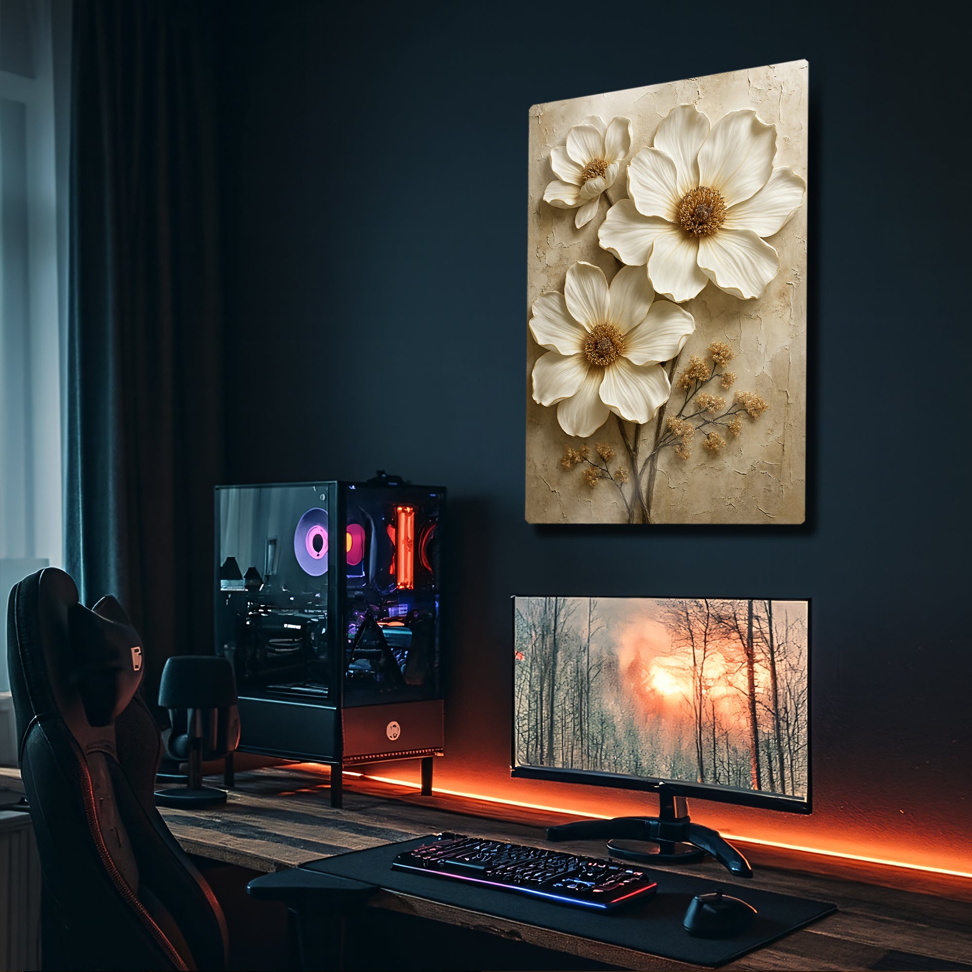 Beyaz Çiçek Desenli 3D Kabartma - Metal Tablo