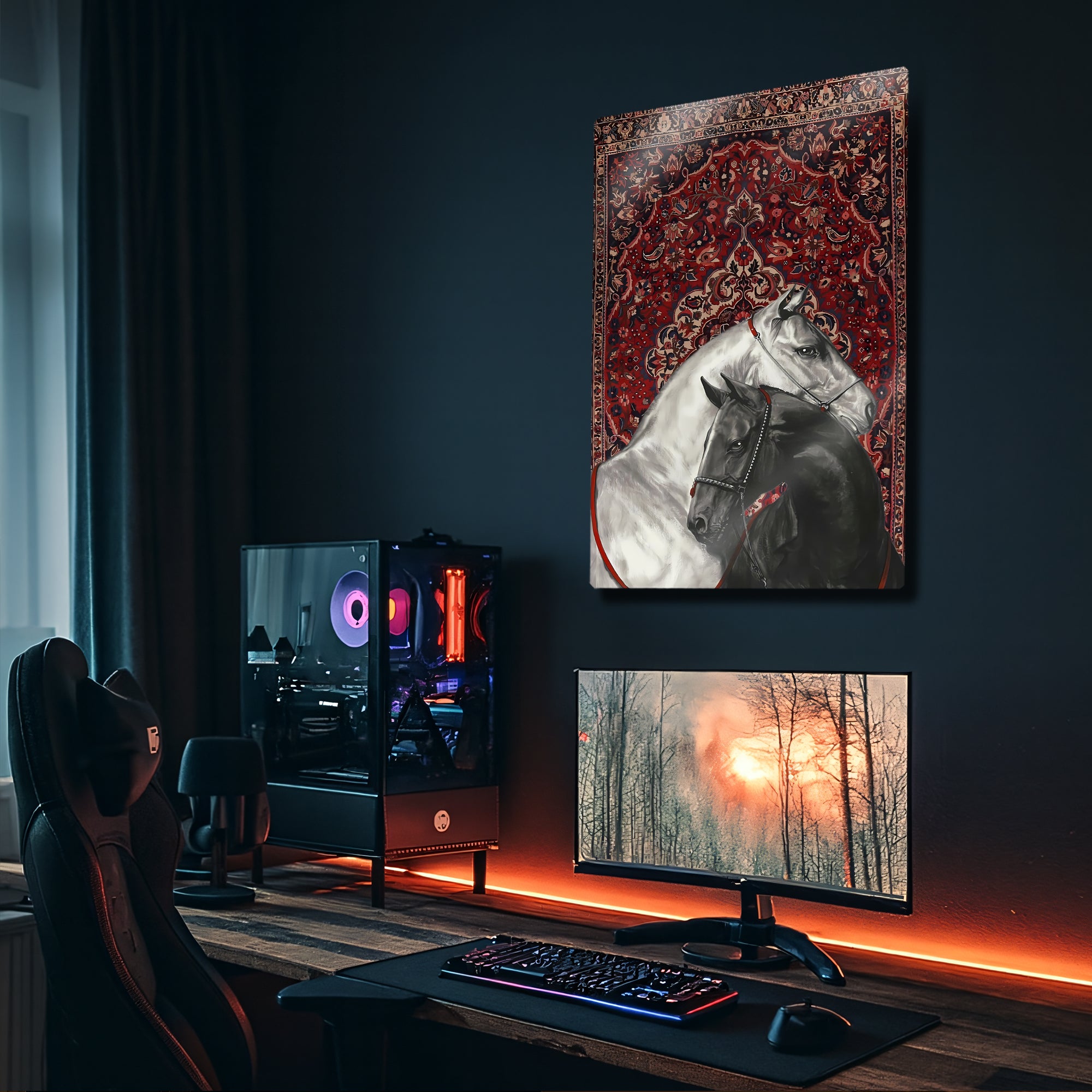 Beyaz ve Siyah At Tablosu Halı Desenli - Metal Tablo