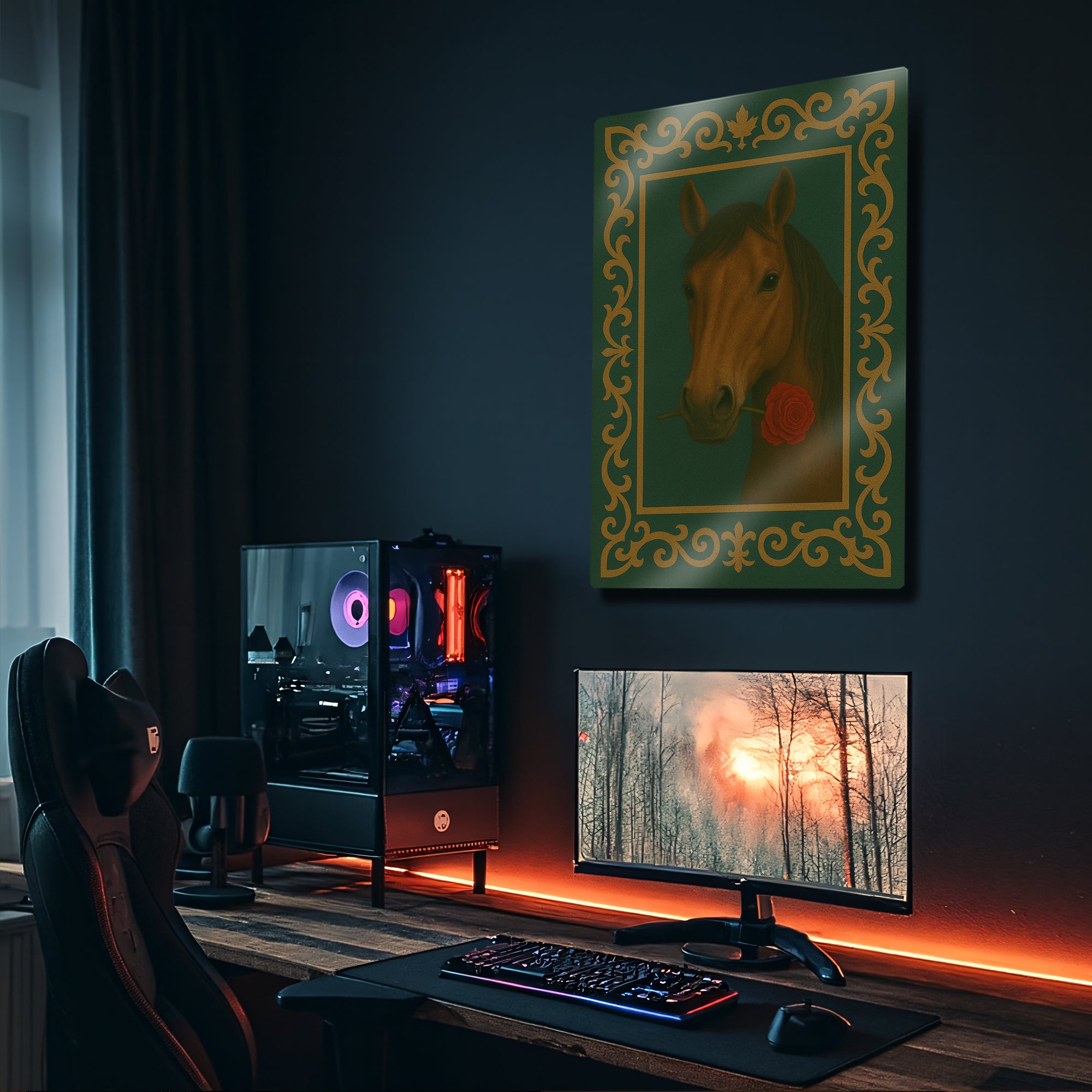 3D Gül Tutan At Tablosu Klasik - Metal Tablo